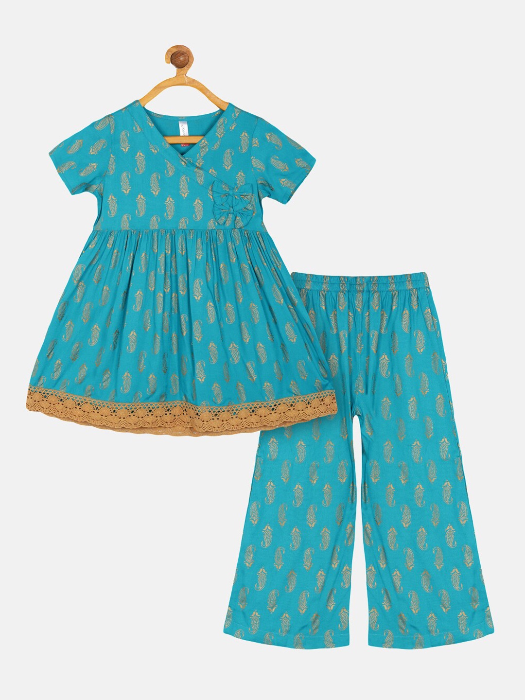 

KiddoPanti Girls Printed Angrakha Gotta Patti Pure Cotton Kurta with Palazzos, Turquoise blue