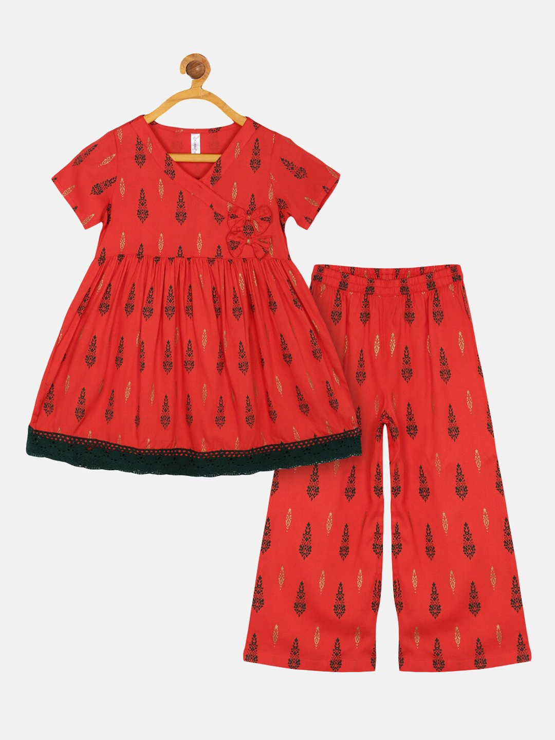 

KiddoPanti Girls Ethnic Motifs Printed Angrakha Kurti With Palazzo, Orange