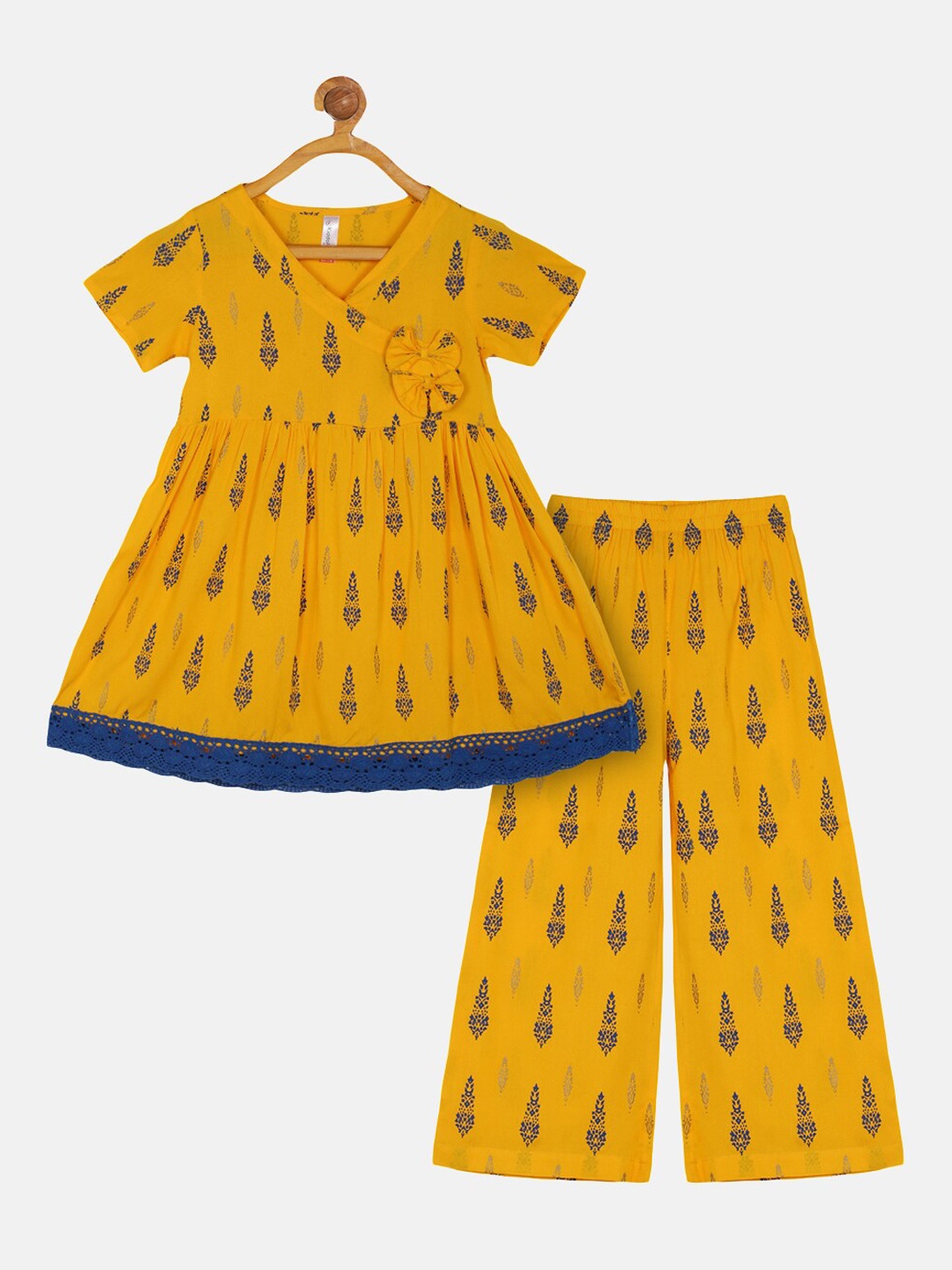 

KiddoPanti Girls Yellow Ethnic Motifs Printed Angrakha Kurti with Palazzo set