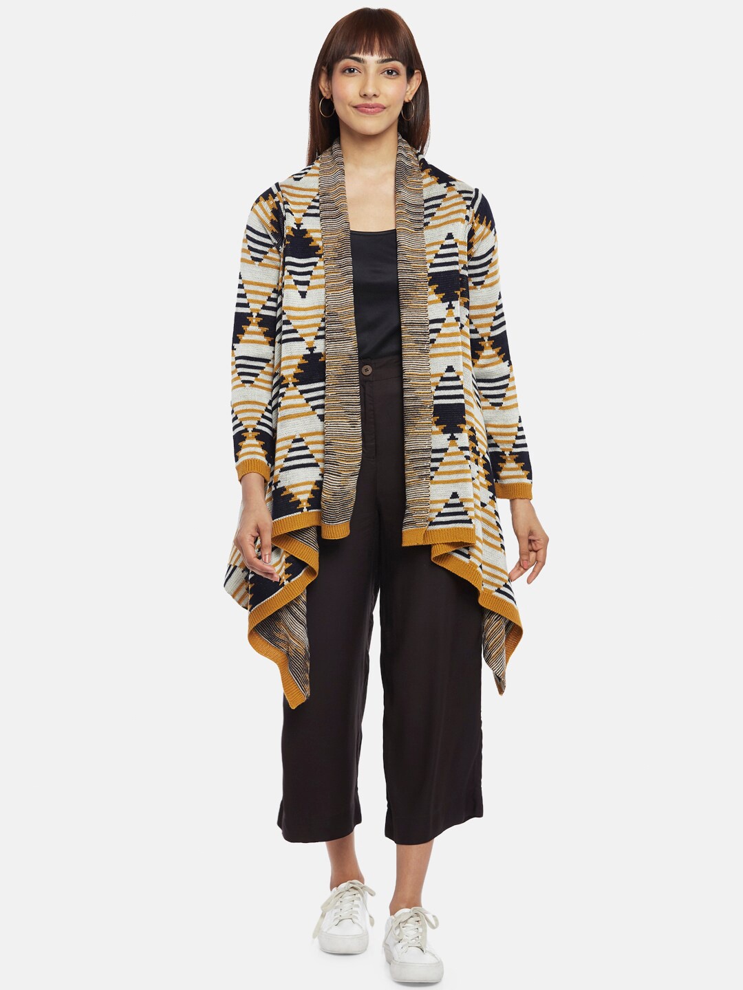 

AKKRITI BY PANTALOONS Women Yellow & Black Self Design Acrylic Longline Shrug