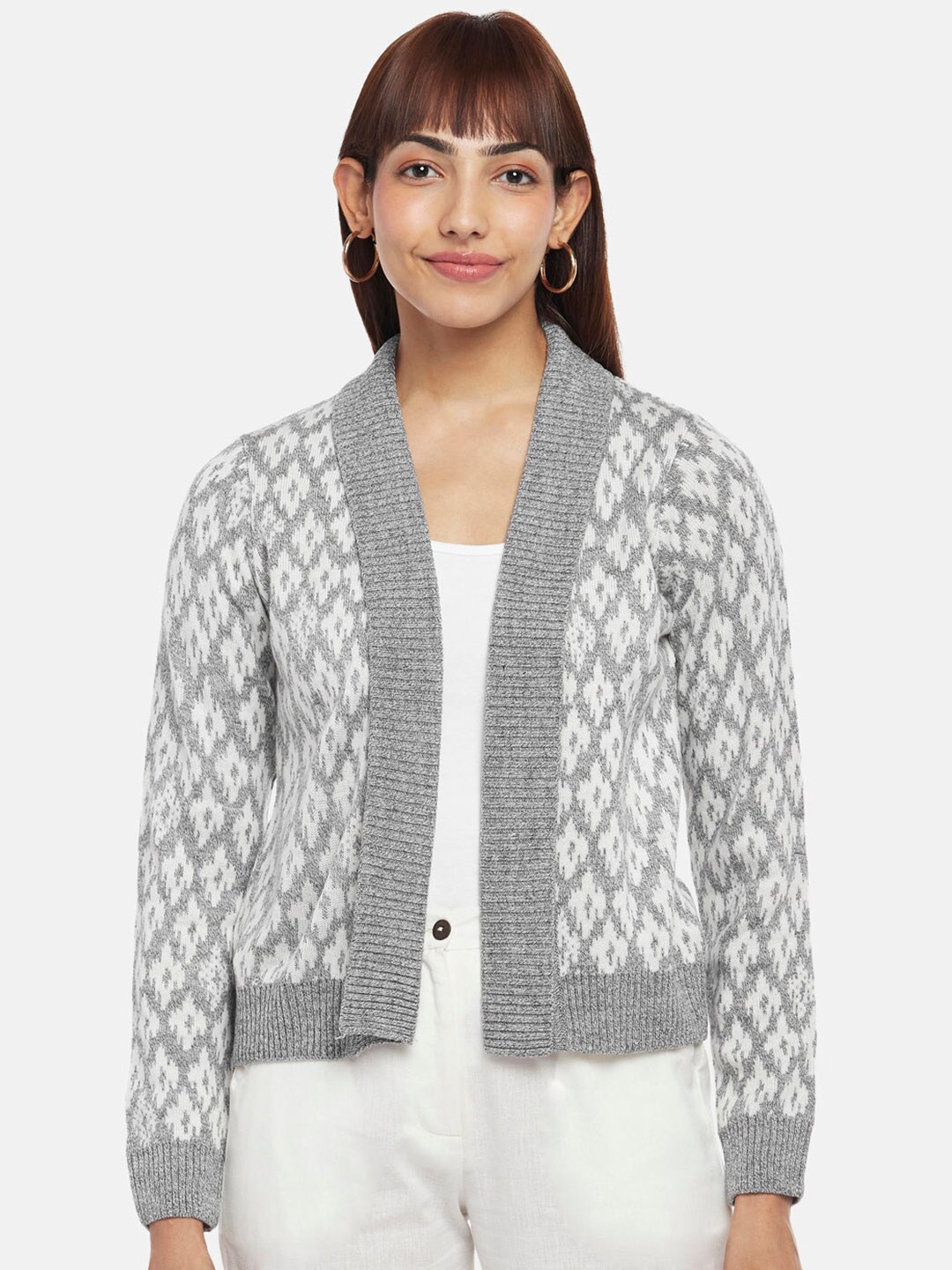 

AKKRITI BY PANTALOONS Women Grey & White Open Front Shrug
