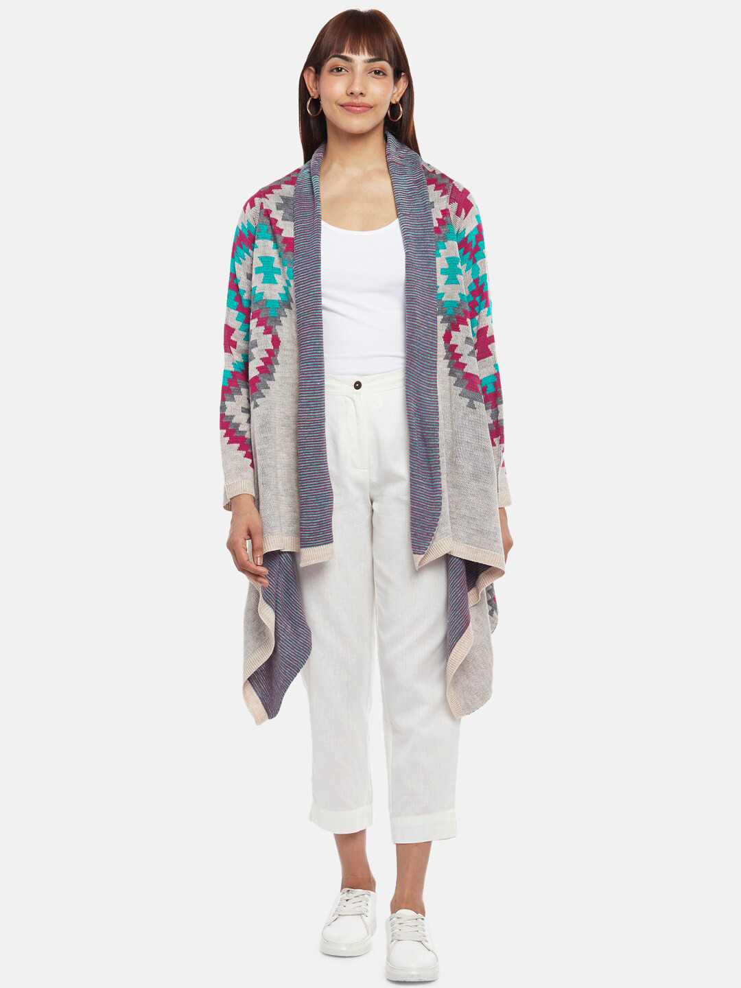 

AKKRITI BY PANTALOONS Women Grey & Blue Printed Longline Shrug