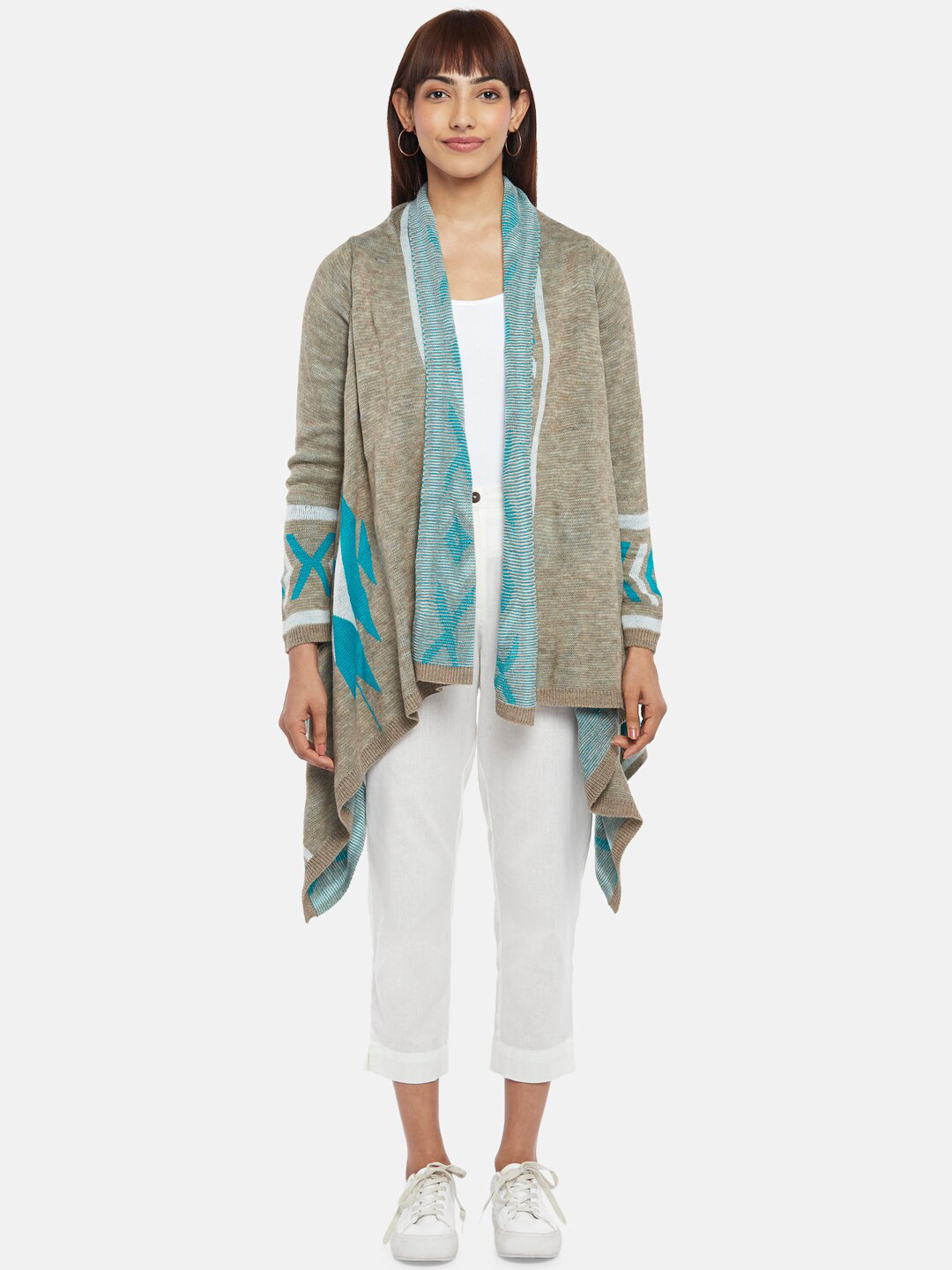 

AKKRITI BY PANTALOONS Women Geometric Woven Design Open Front Longline Shrug, Beige