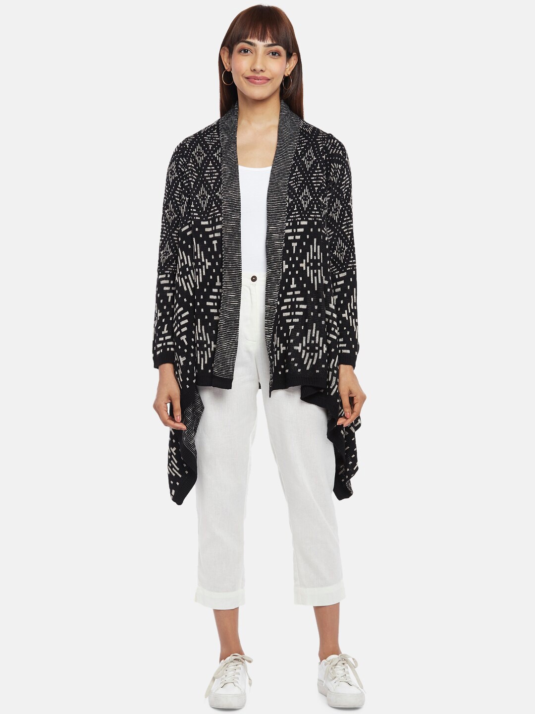 

AKKRITI BY PANTALOONS Women Black & Off White Longline Shrug
