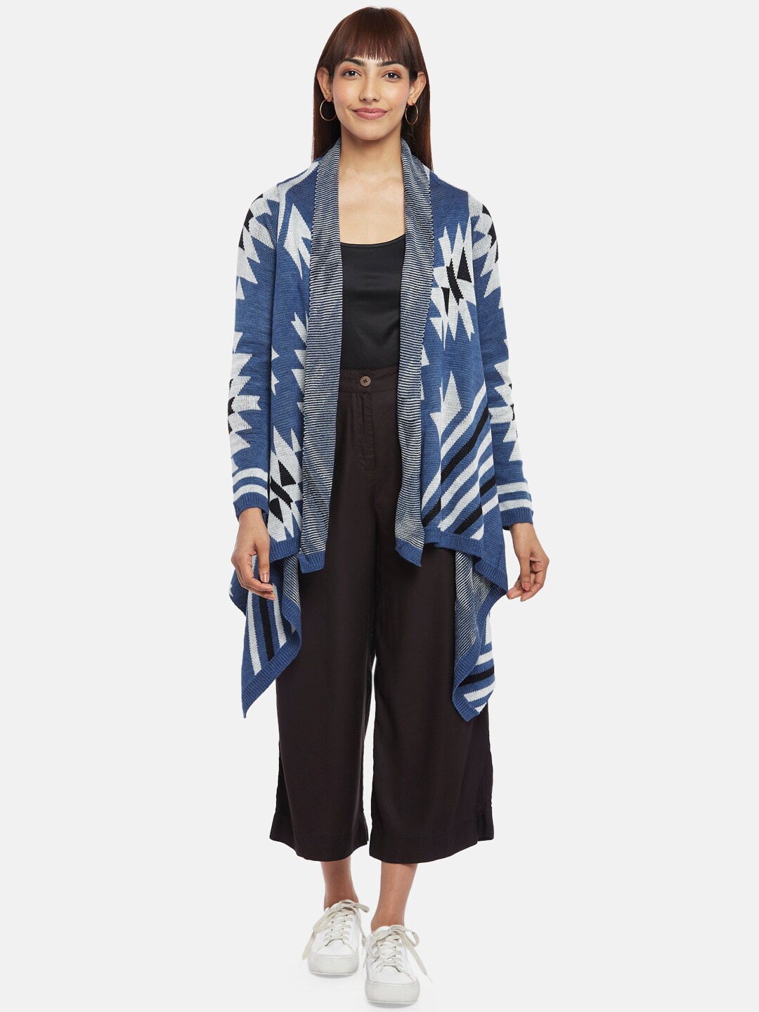 

AKKRITI BY PANTALOONS Women Blue & White Longline Shrug