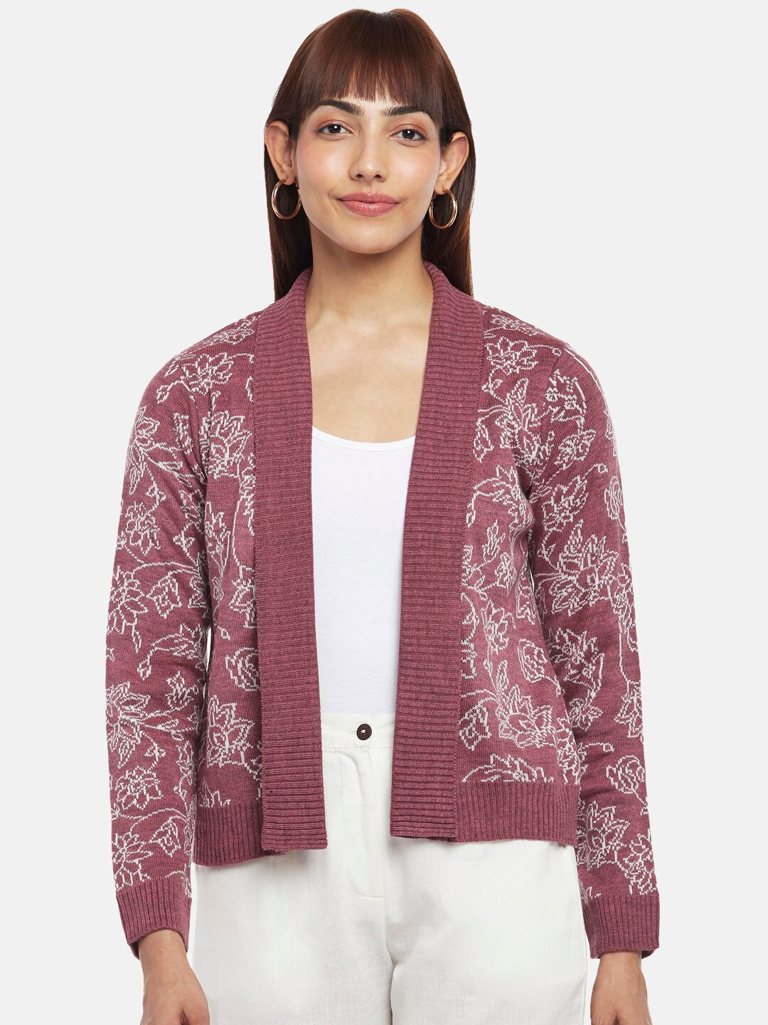 

AKKRITI BY PANTALOONS Women Pink & White Printed Shrug