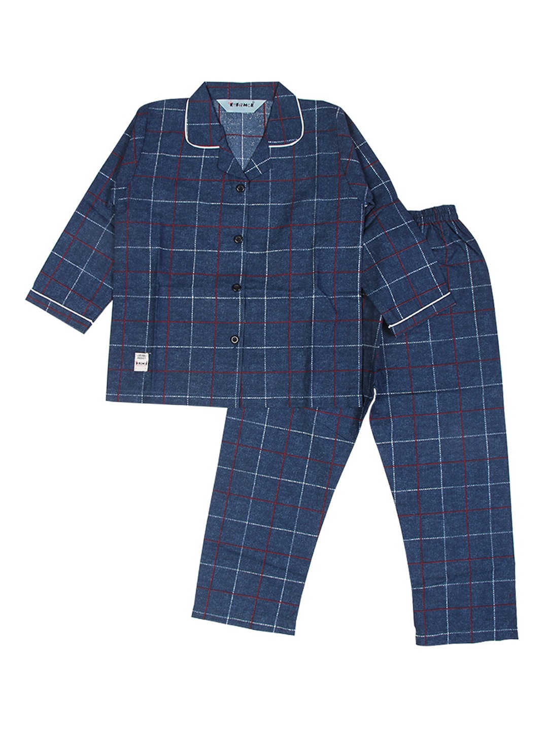 

Enfance Kids Navy Blue & Off White Checked Pure Cotton Night suit