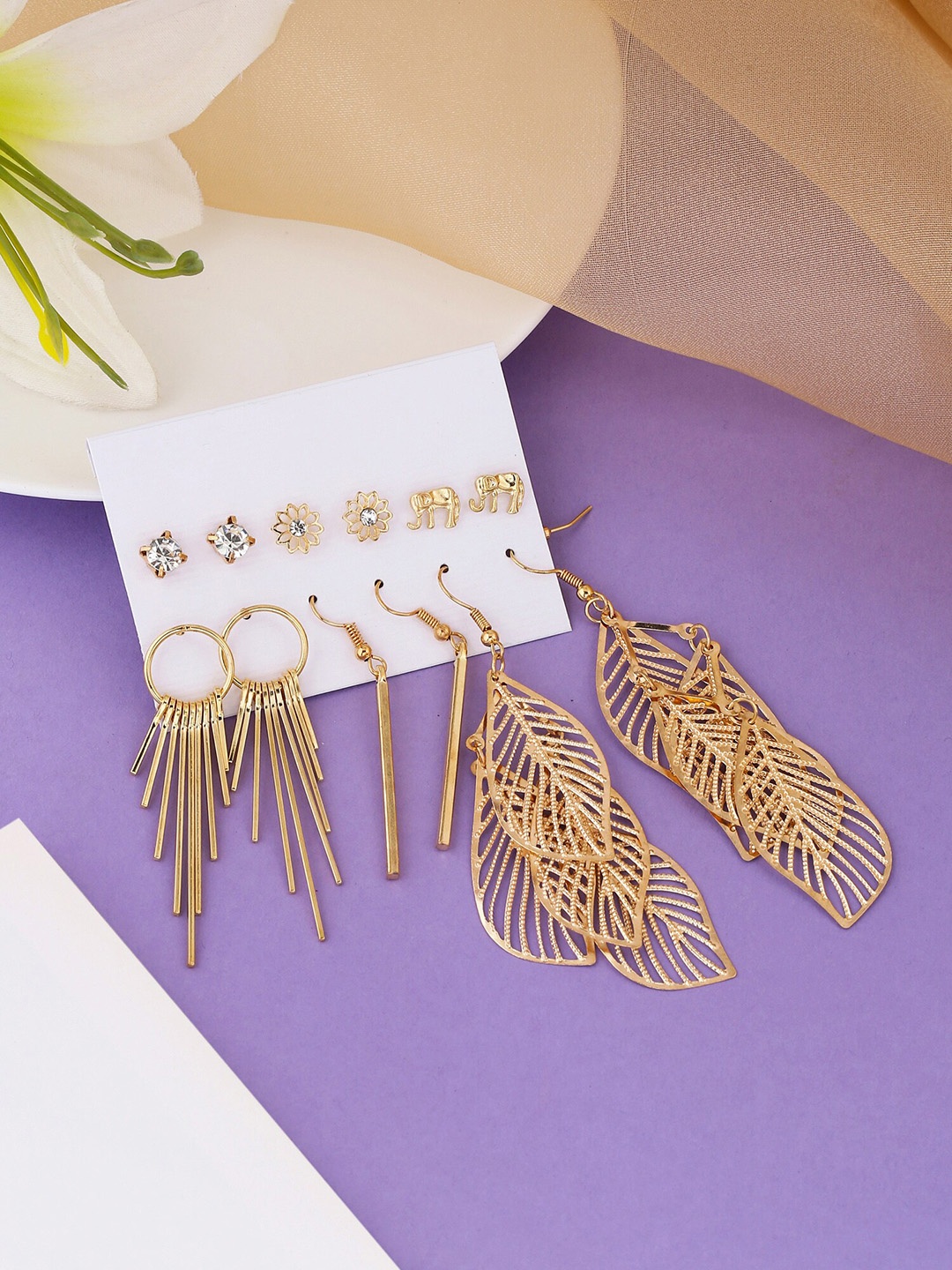 

Unwind by Yellow Chimes Set Of 6 Gold-Plated & White Studs and long Dangler Earrings