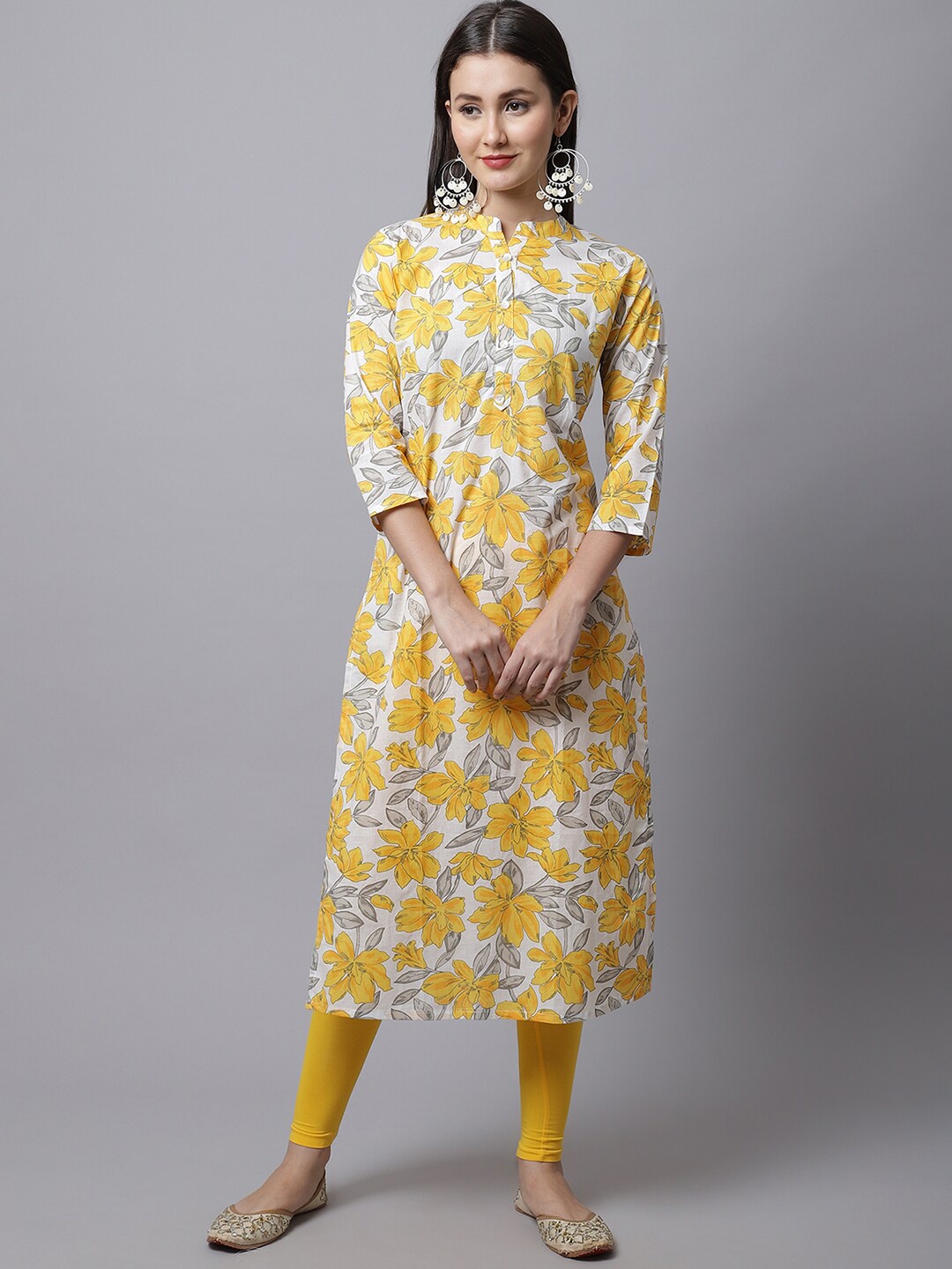 

Pistaa Women Yellow Printed Straight Cotton Kurta