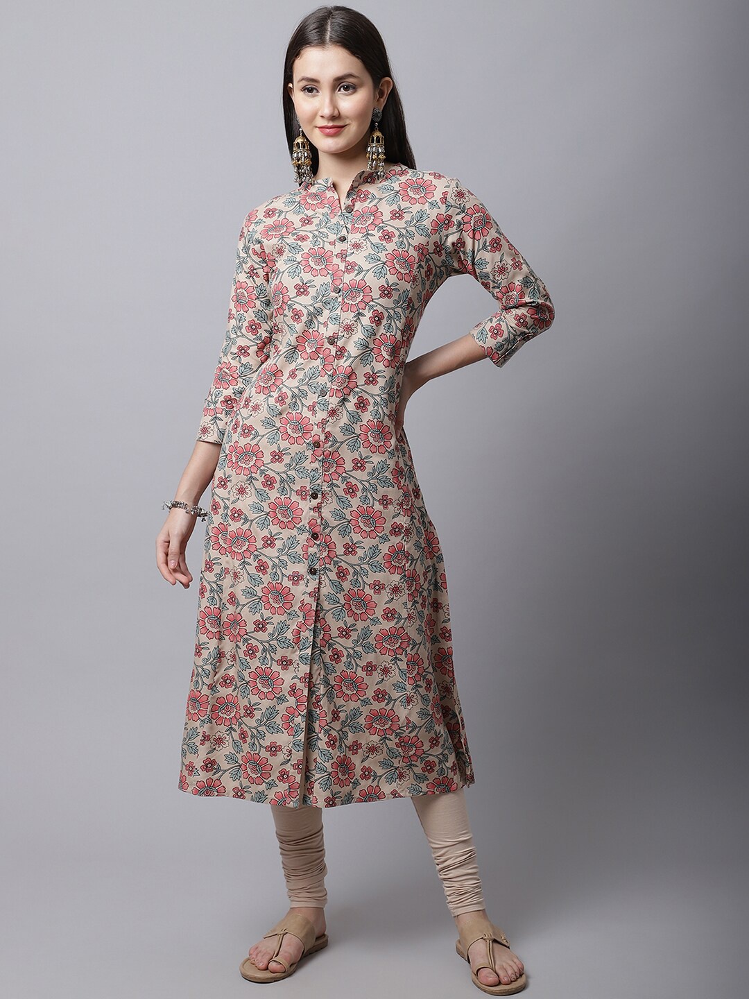 

Pistaa Plus Women Beige & Pink Floral Printed Floral A-Line Kurta