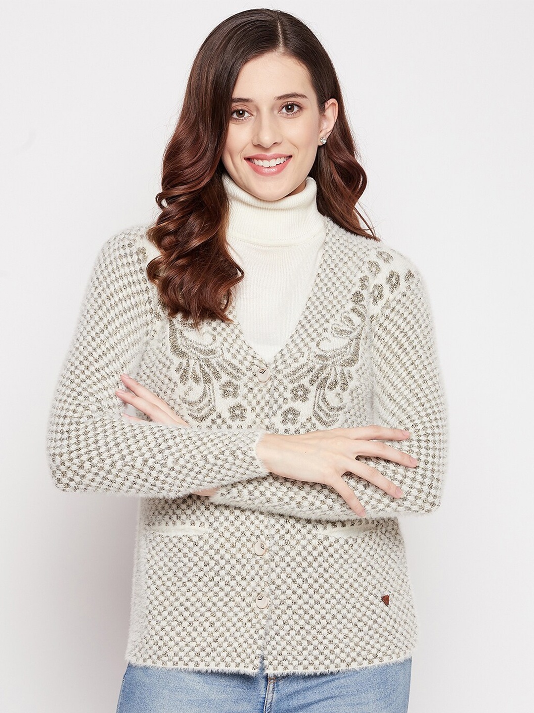 

Duke Women White & Gold-Toned Floral Printed Cardigan