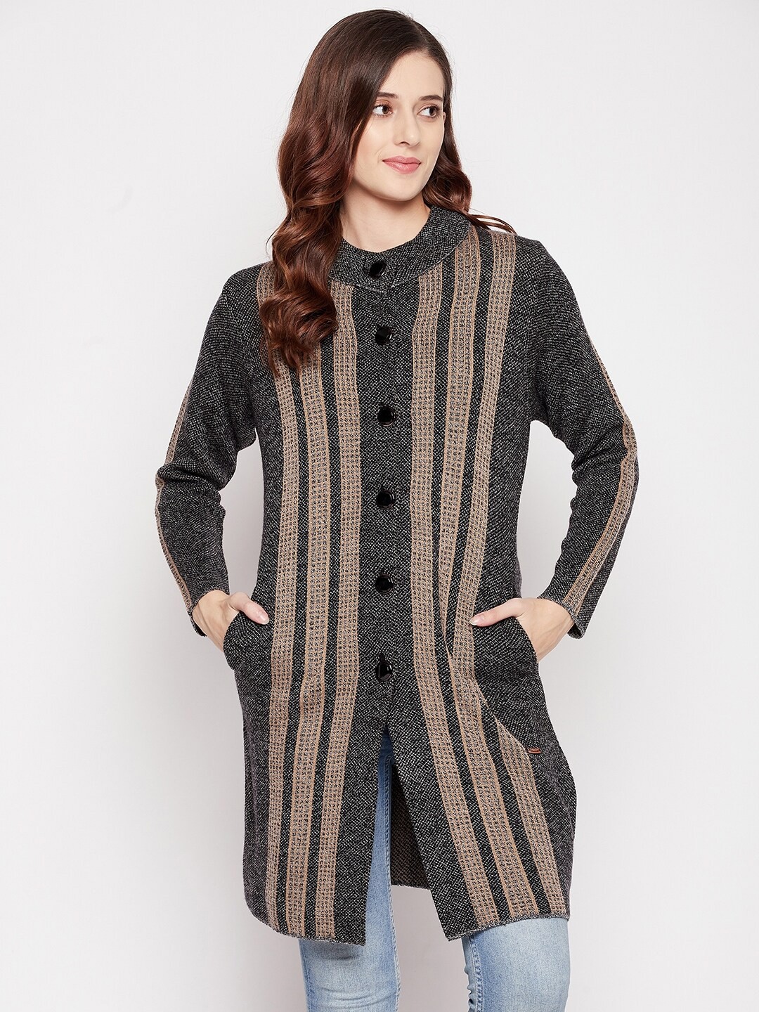 

Duke Women Black & Peach-Coloured Striped Cardigan