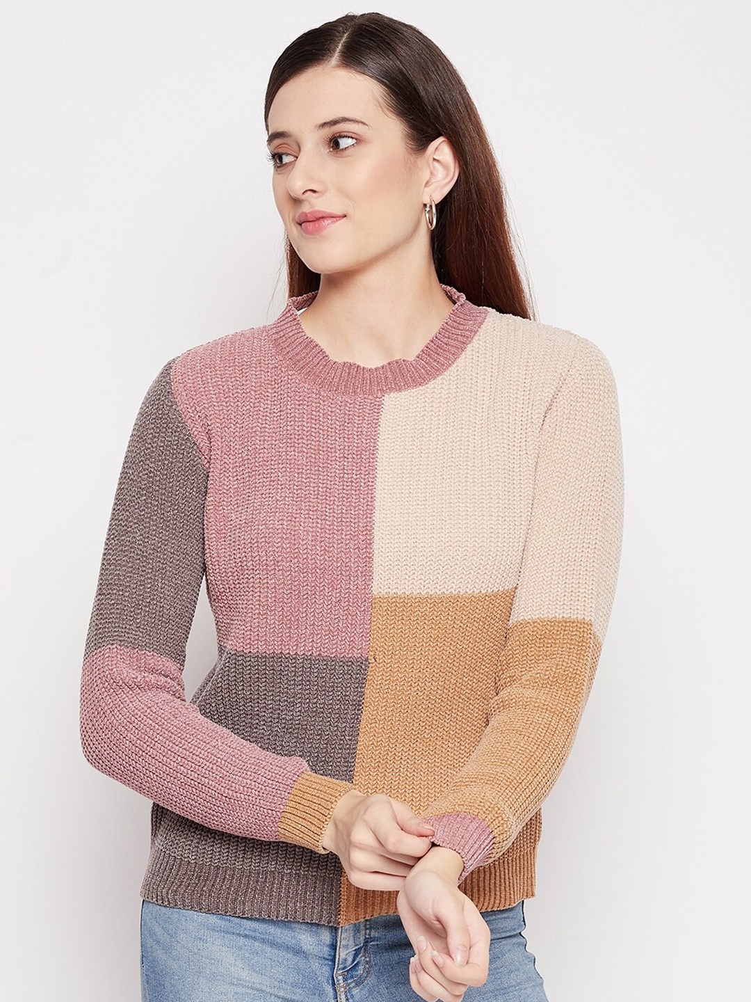 

Duke Women Pink & Peach-Coloured Colourblocked Pullover