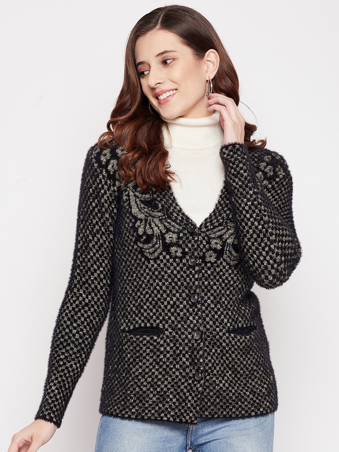 

Duke Women Black & Gold-Toned Floral Printed Cardigan