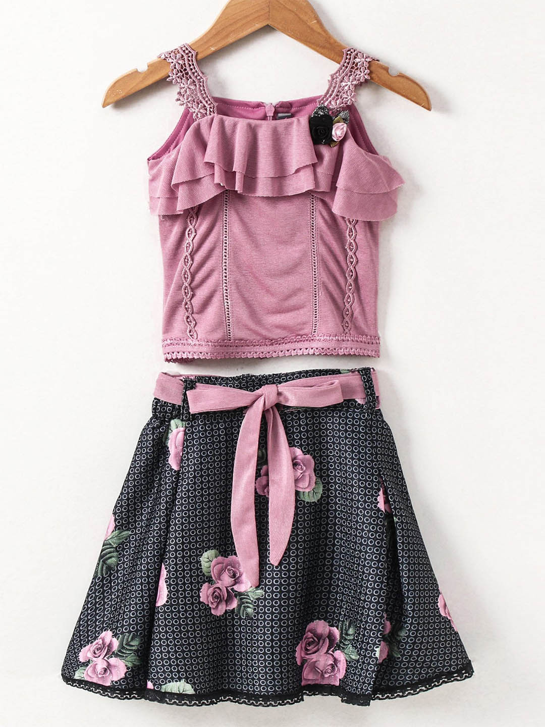 

Enfance Girls Pink & Grey Printed Top with Skirt