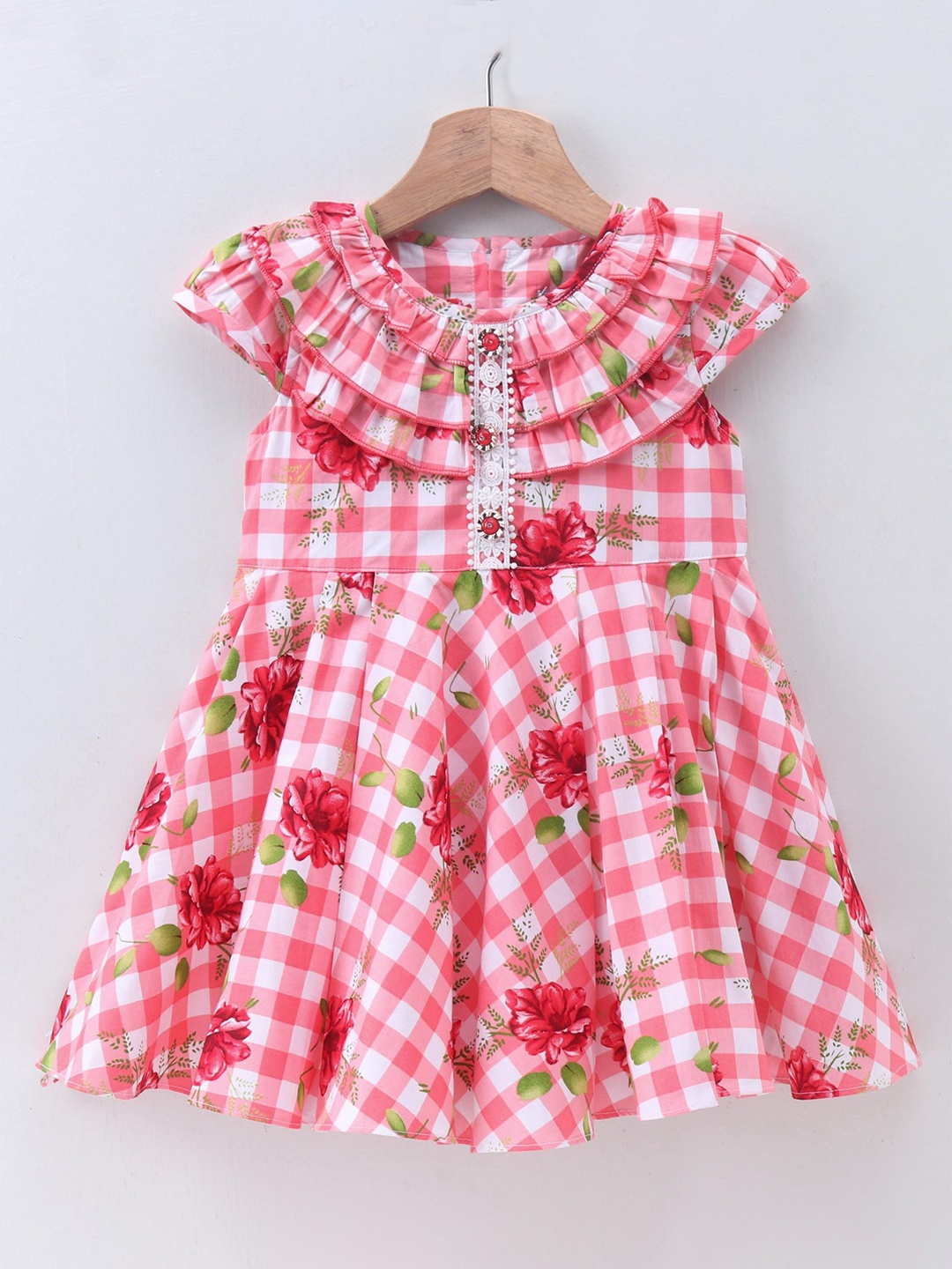 

Enfance Girls Red & White Floral Checked Cotton A-Line Dress