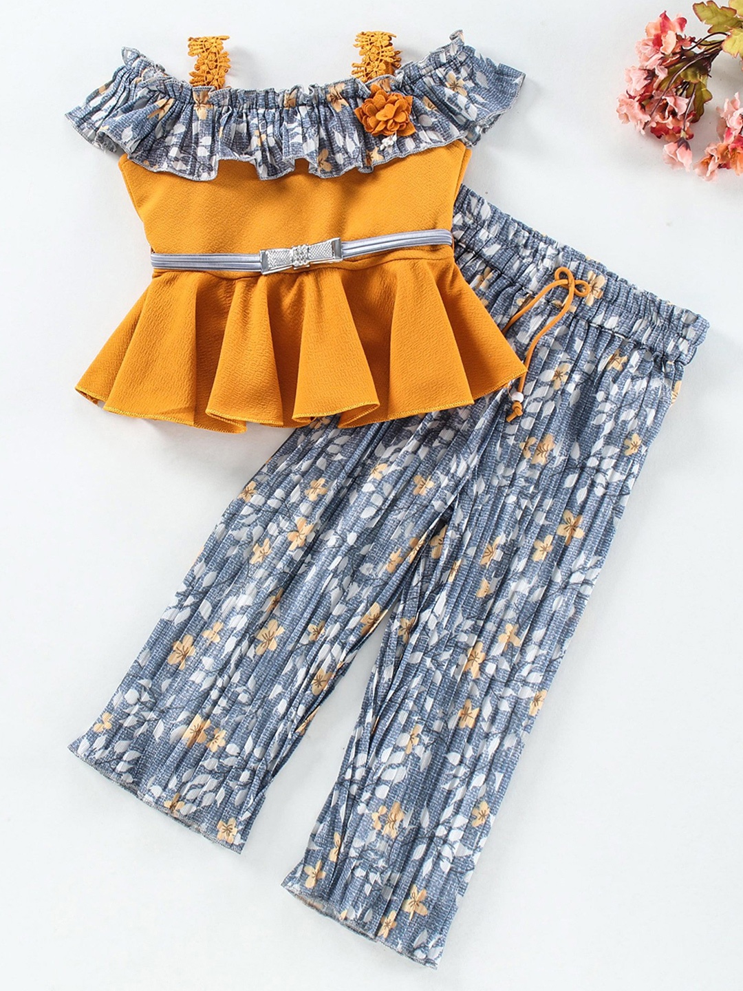 

Enfance Girls Mustard & Grey Printed Cotton Blend Top with Palazzo