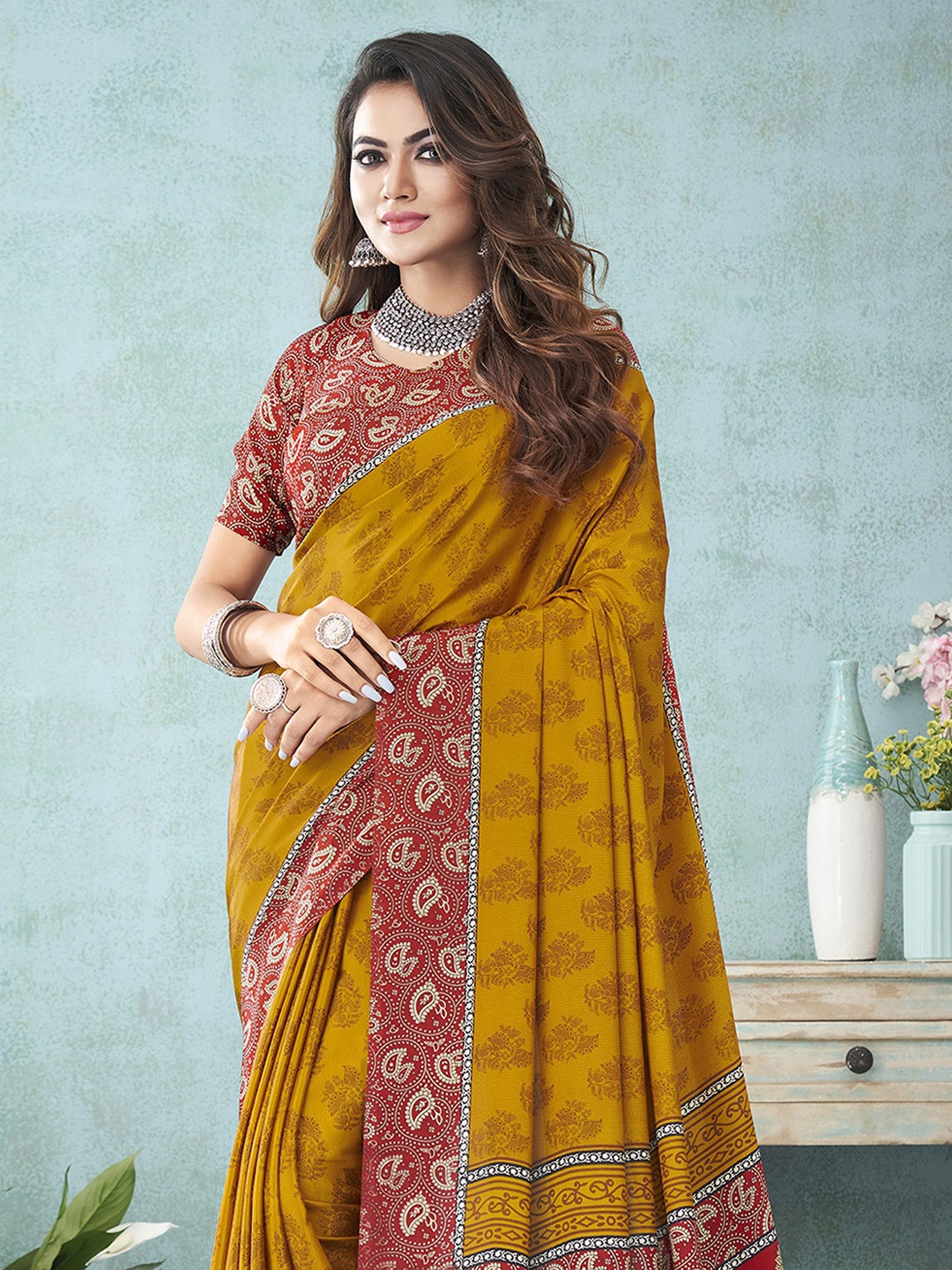 

Satrani Mustard & Maroon Ethnic Motifs Printed Silk Blend Saree