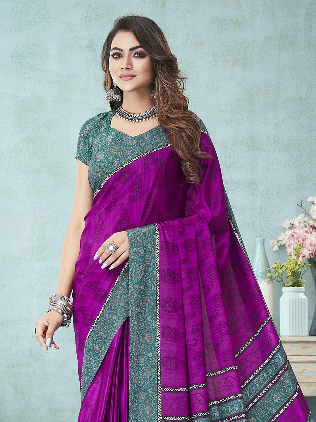 

Satrani Purple & Green Paisley Printed Silk Blend Saree