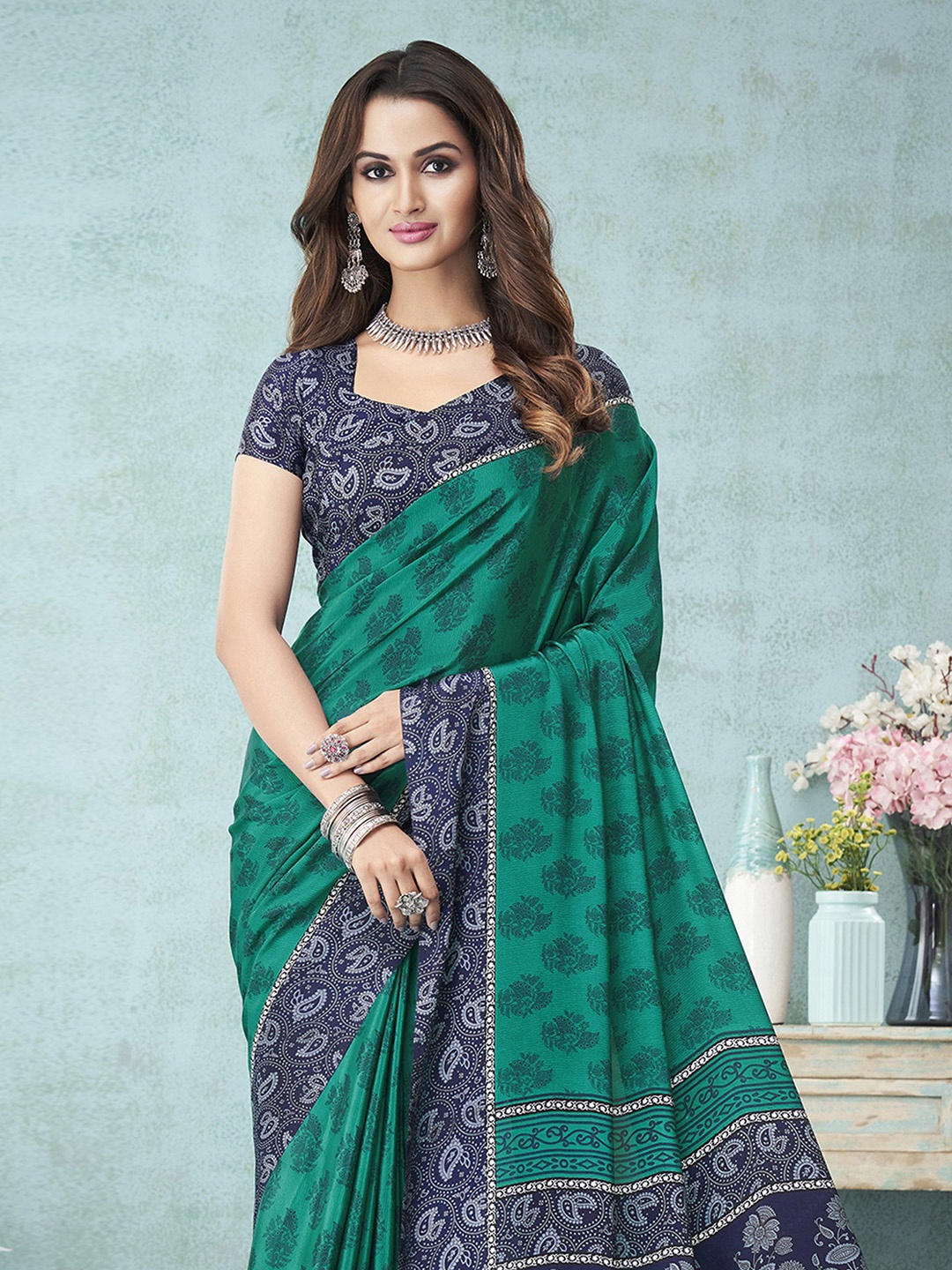 

Satrani Green & Blue Ethnic Motifs Printed Silk Blend Saree
