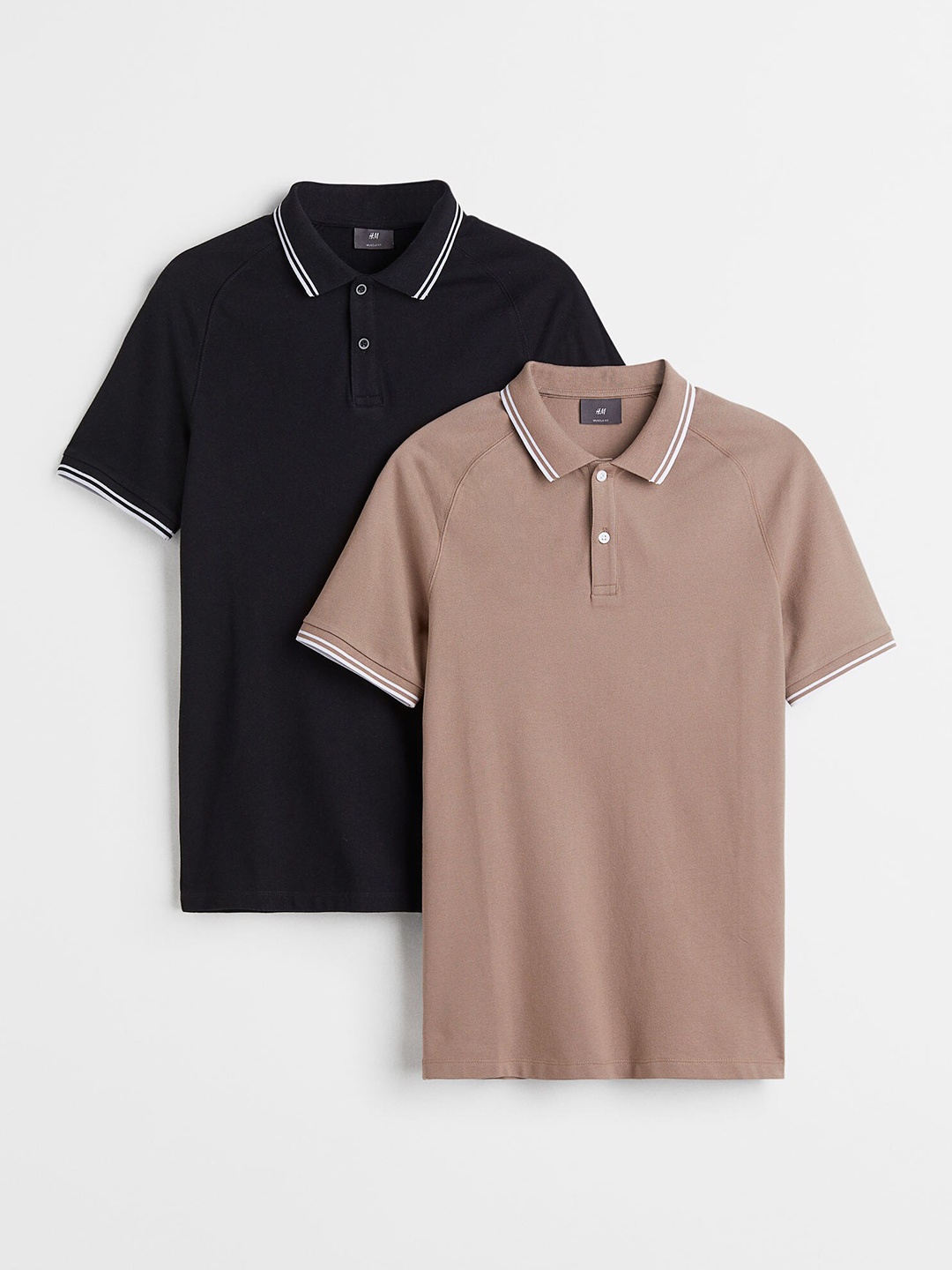 

H&M Men Pack Of 2 Beige & Black Solid Muscle Fit Piqu Polo Shirts