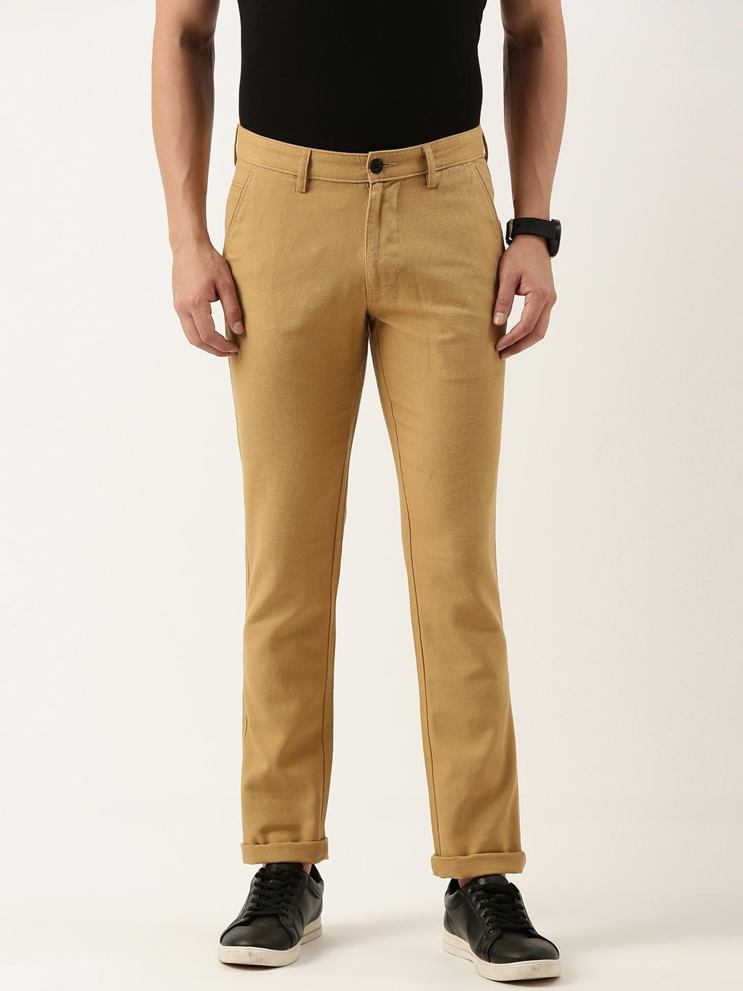 

IVOC Men Slim Fit Solid Pure Cotton Casual Trousers, Khaki