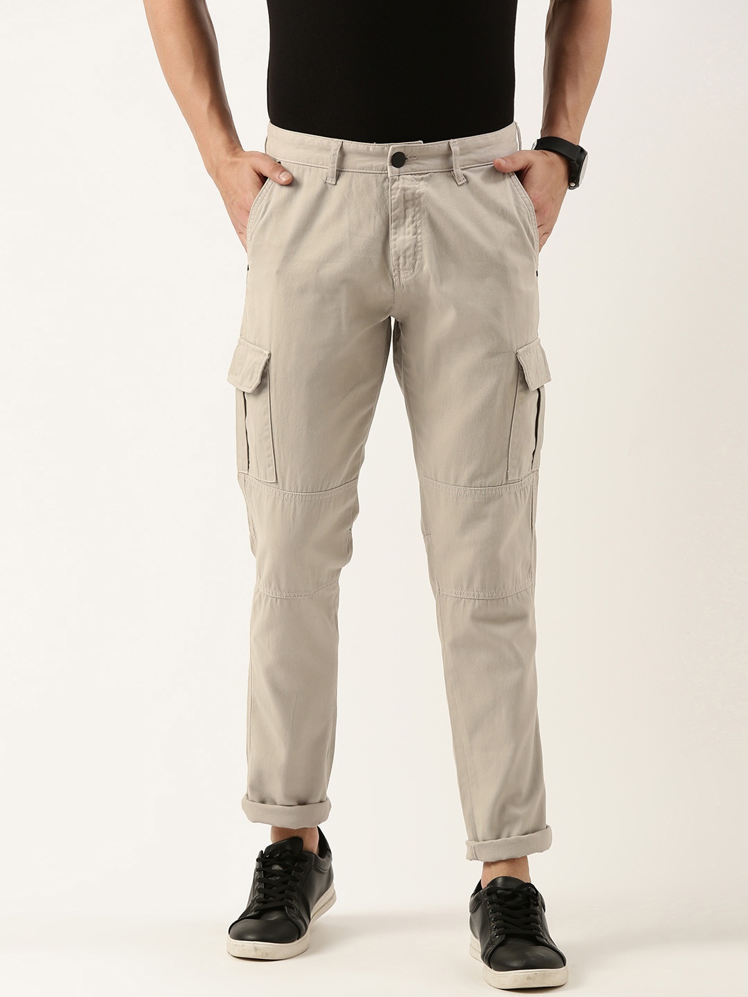 

IVOC Men Pure Cotton Slim Fit Over-dye Cargos Trousers, Grey