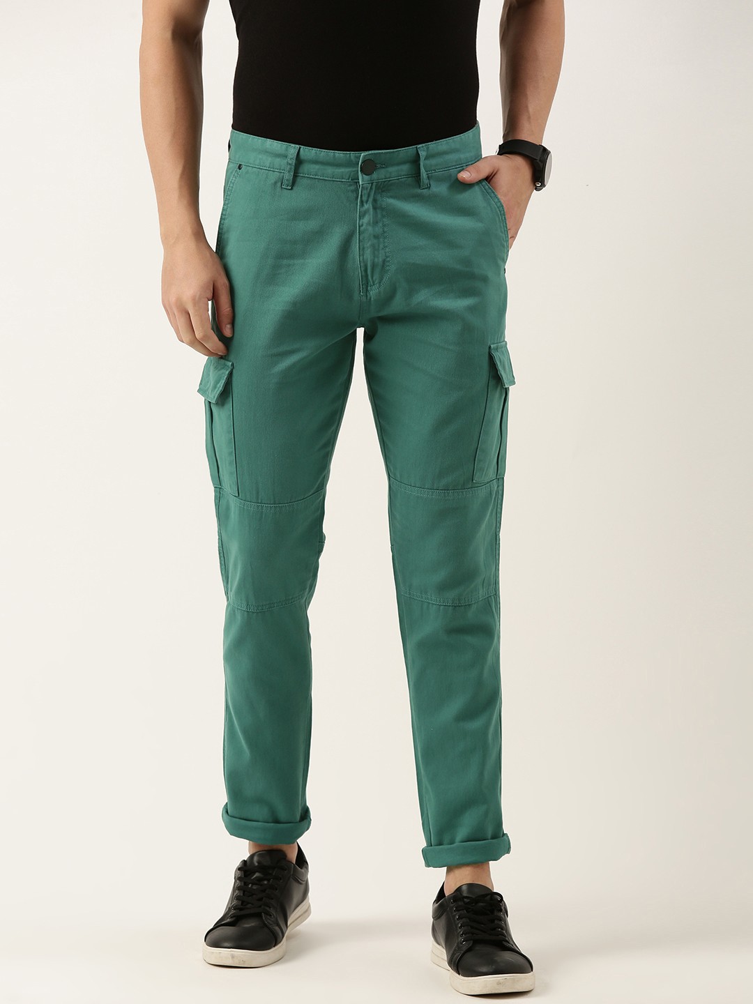 

IVOC Men Pure Cotton Slim Fit Over-dye Cargos Trousers, Green