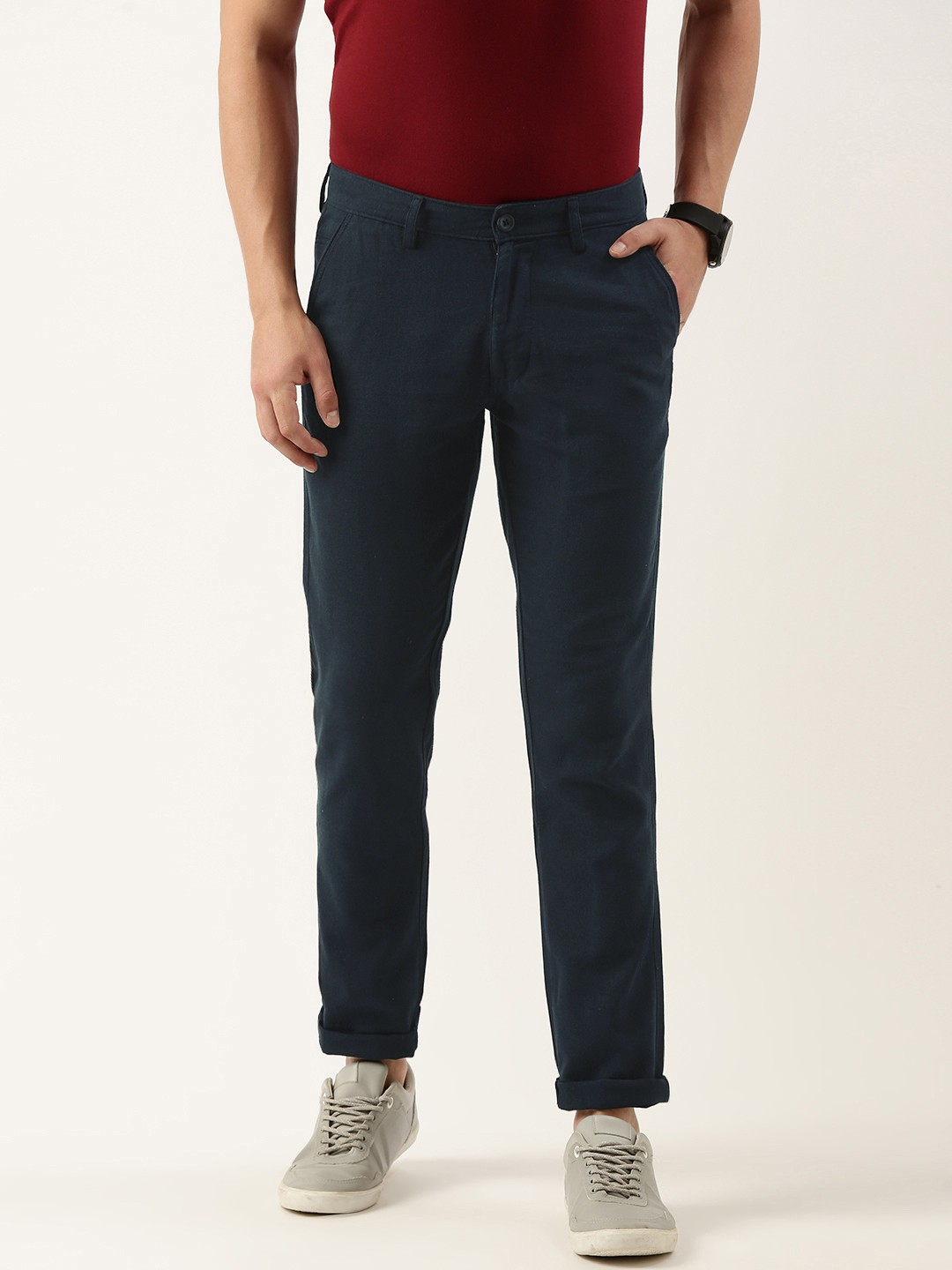 

IVOC Men Pure Cotton Slim Fit Trousers, Navy blue