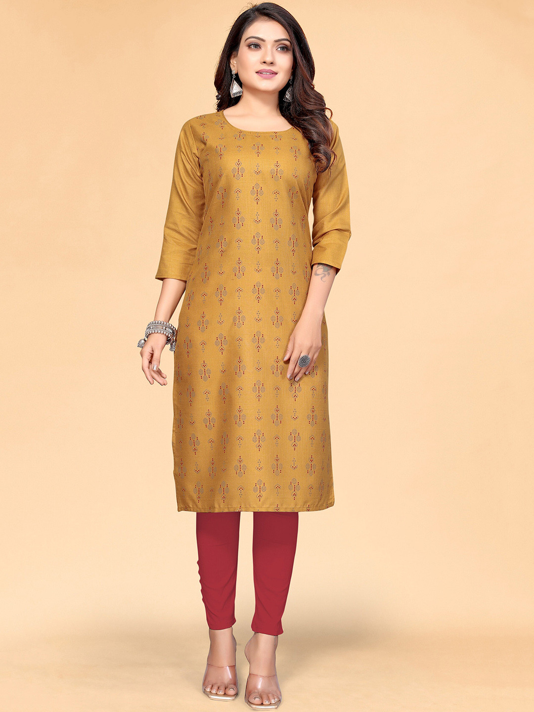 

KALINI Women Mustard Yellow Checked Gotta Patti Indigo Kurta