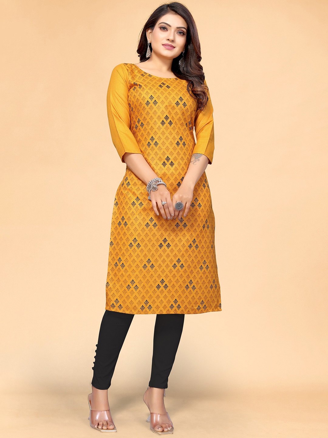 

KALINI Women Mustard Yellow Ethnic Motif Printed Indigo Kurta