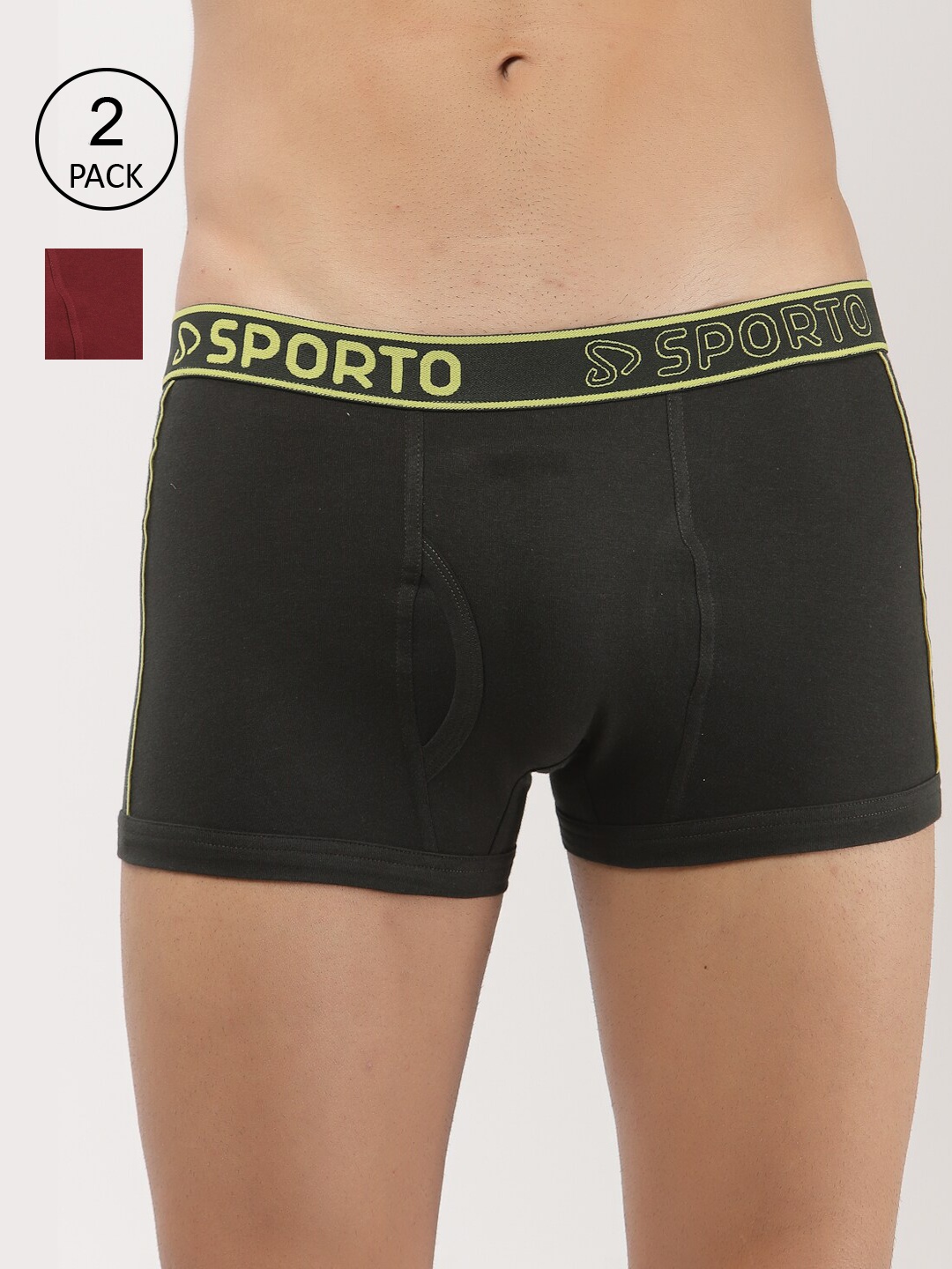 

SPORTO Men Pack Of 2 Solid Deo-Soft Cotton Trunks, Olive