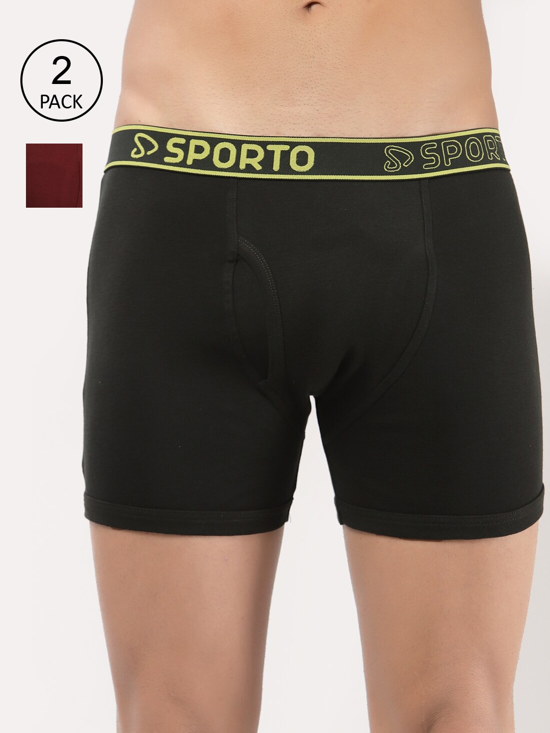 

SPORTO Men Pack of 2 Olive Green & Maroon Solid Cotton Trunks