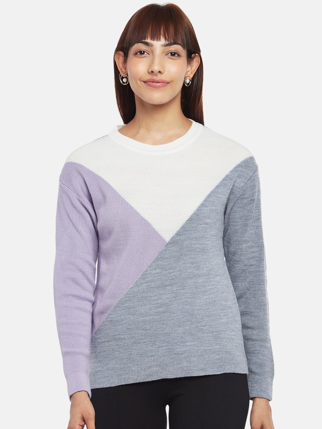 

Annabelle by Pantaloons Women Grey & White Colourblocked Pullover