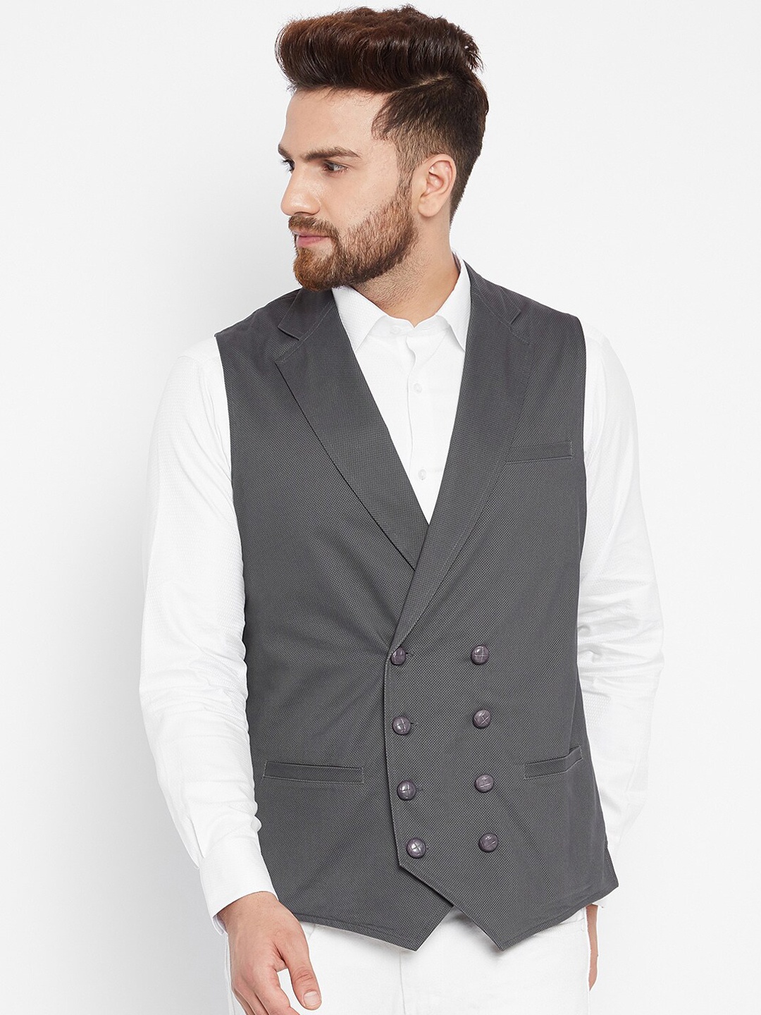 

Hypernation Men Grey Solid Double Breasted Woven Waistcoat