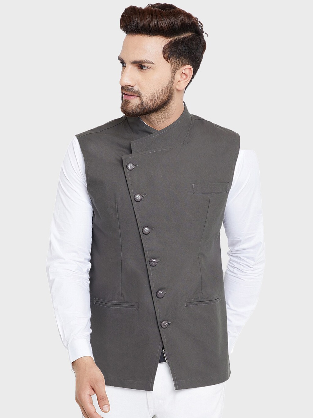 

Hypernation Men Grey Asymmetric Cotton Nehru Jacket