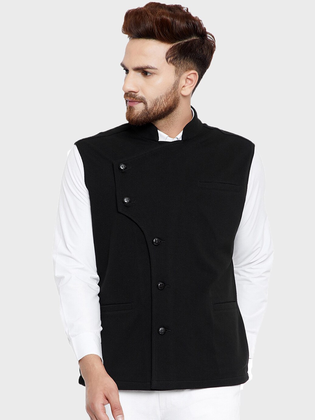 

Hypernation Men Black Solid Mandarin Collar Cotton Knitted Nehru Jacket