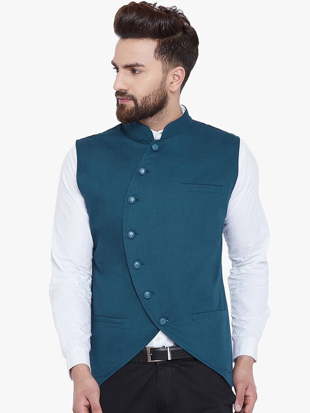 

Hypernation Men Teal Blue Asymmetric Cotton Nehru Jacket