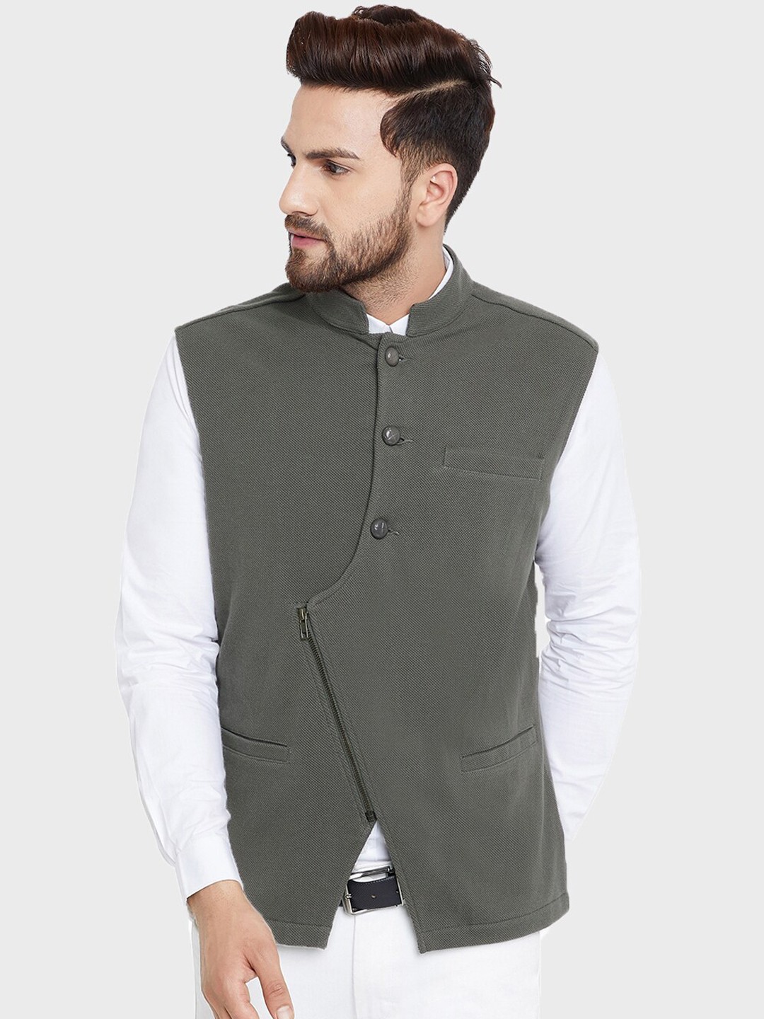 

Hypernation Men Grey Solid Cotton Mandarin Collar Asymmetric Knitted Nehru Jacket