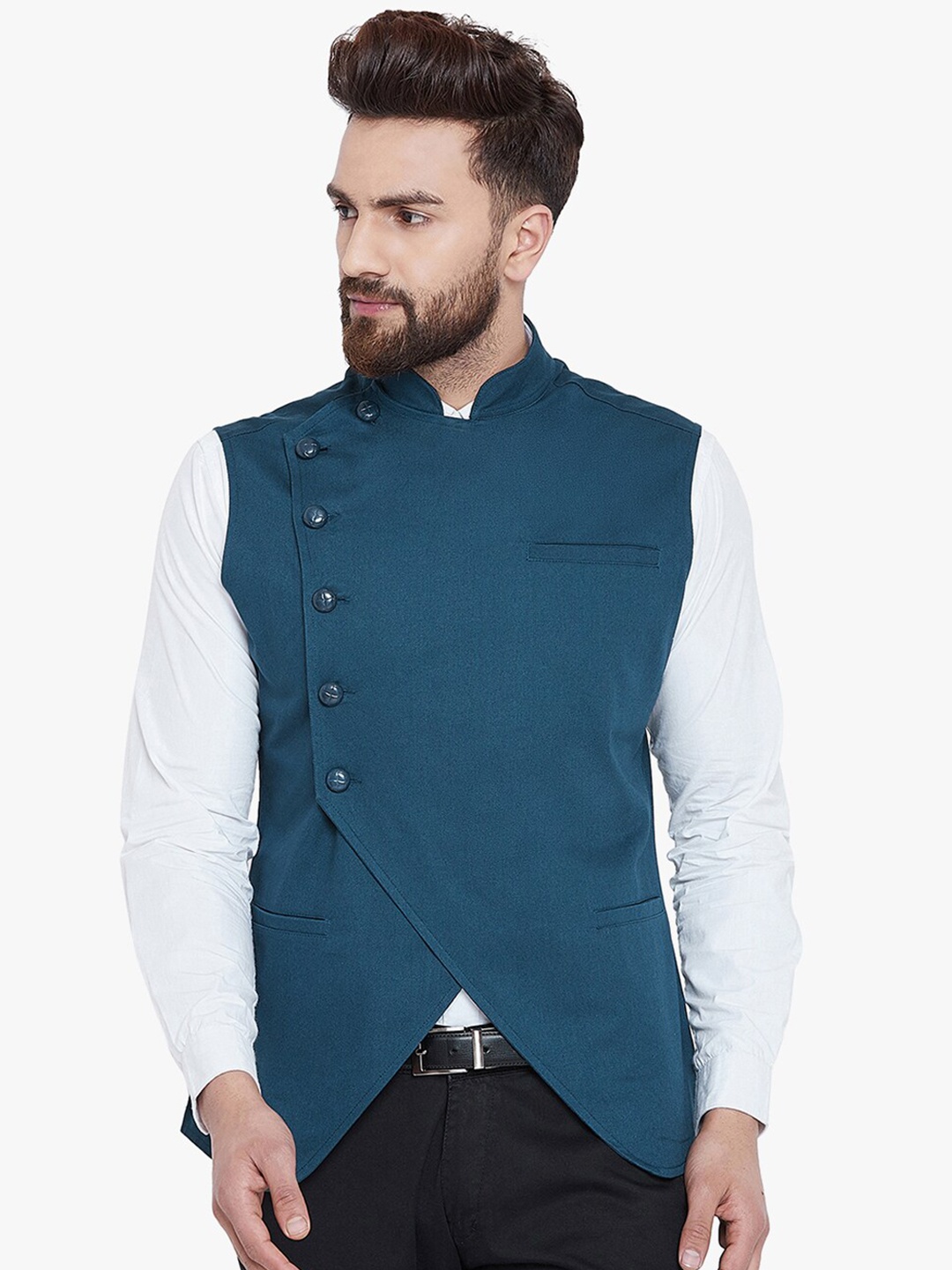 

Hypernation Men Teal Blue Asymmetric Mandarin Collar Cotton Nehru Jacket