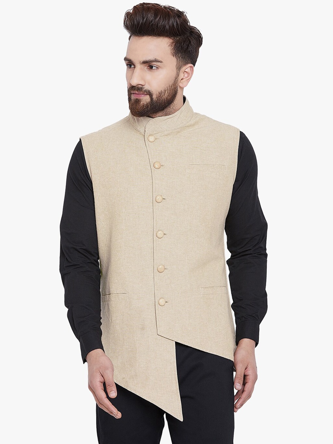 

Hypernation Men Beige Solid Mandarin Collar Asymmetric Nehru Jacket