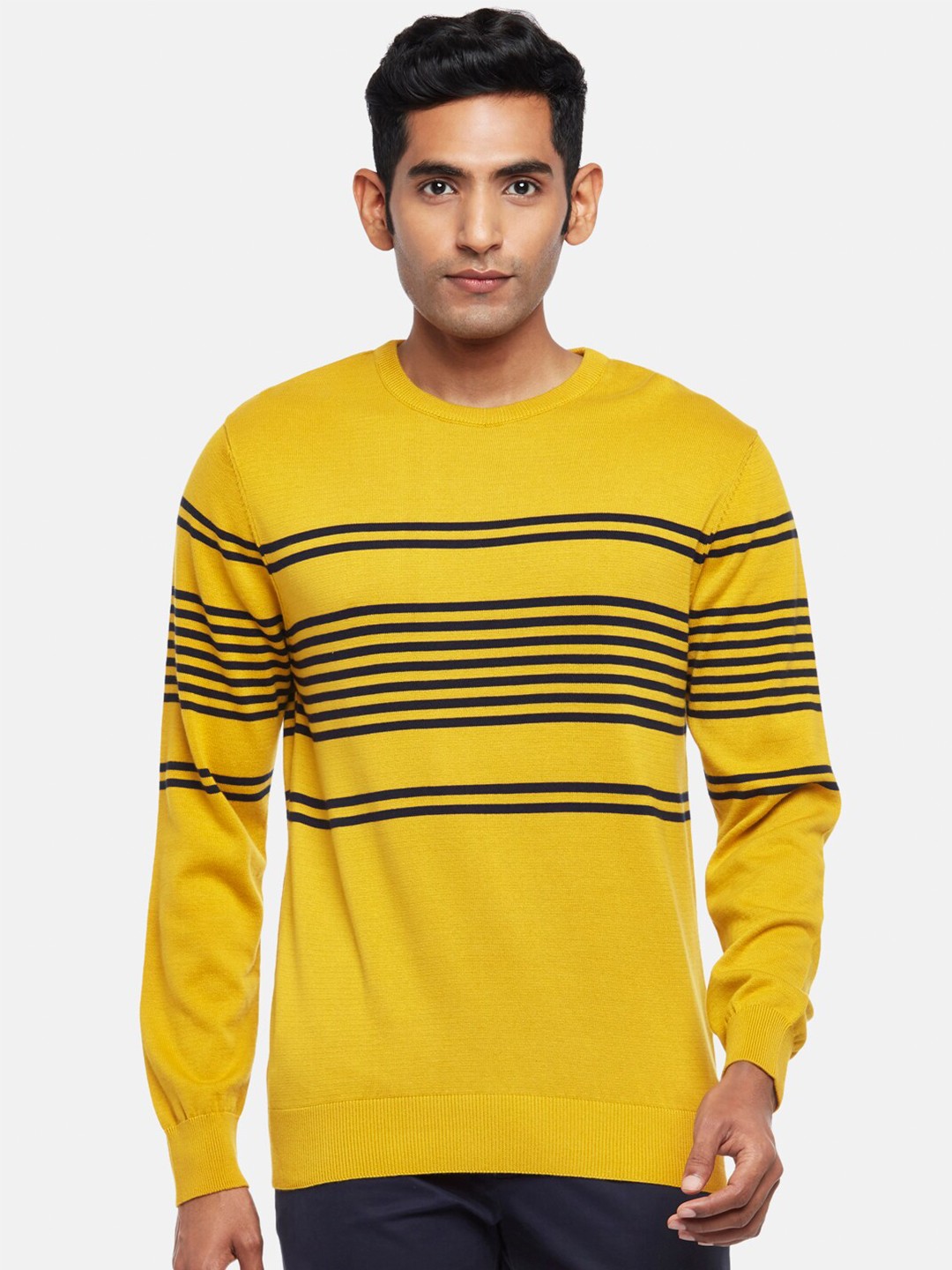 

BYFORD by Pantaloons Men Yellow & Black Striped Cotton Pullover