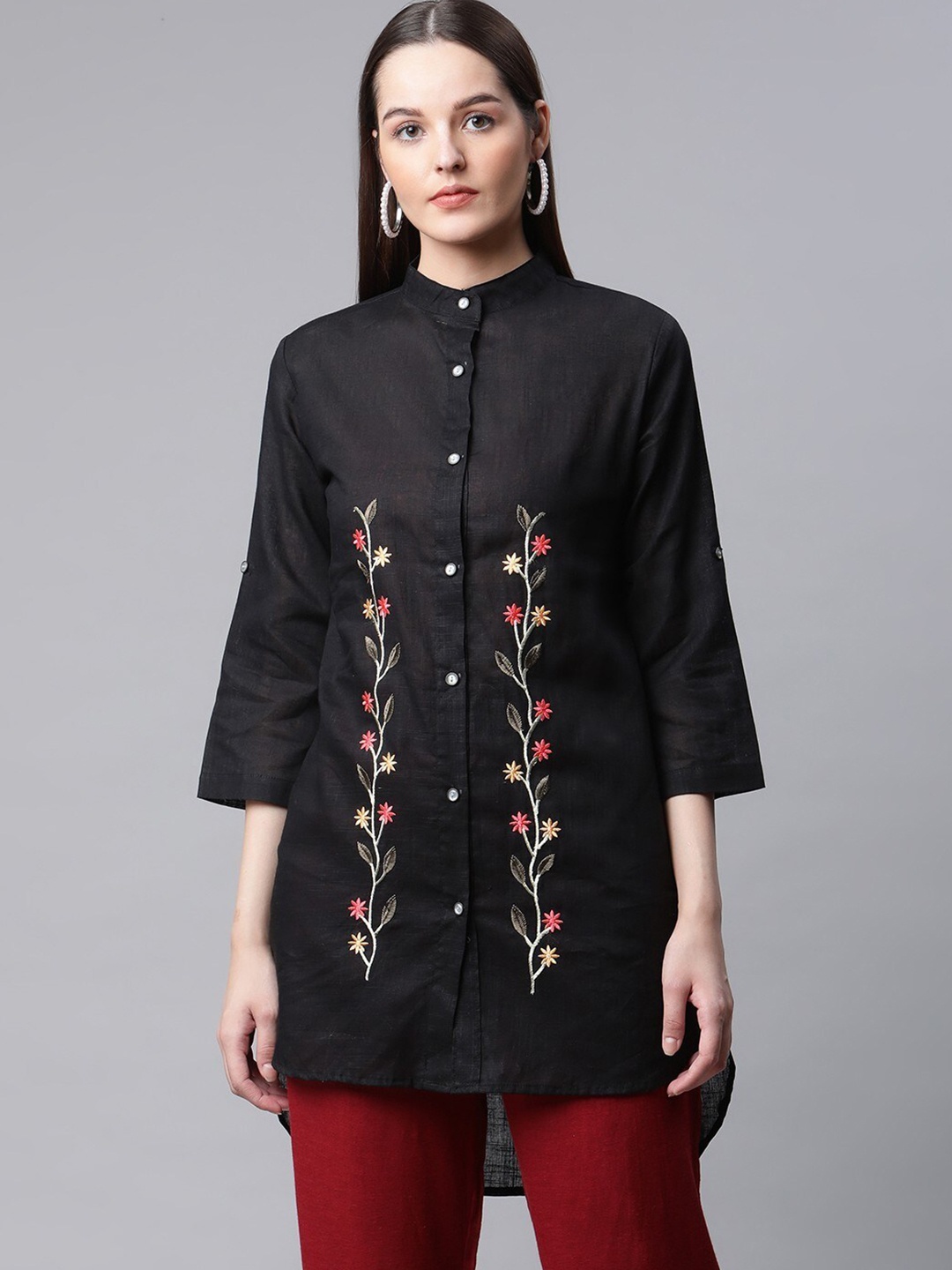 

RIVI Black Floral Embroidered Mandarin Collar Shirt Style Longline Top