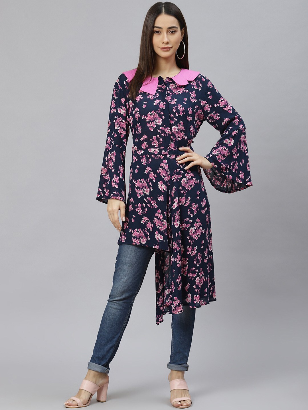 

RIVI Navy Blue Floral Printed Peter Pan Collar Bohemian Maxi Longline Top