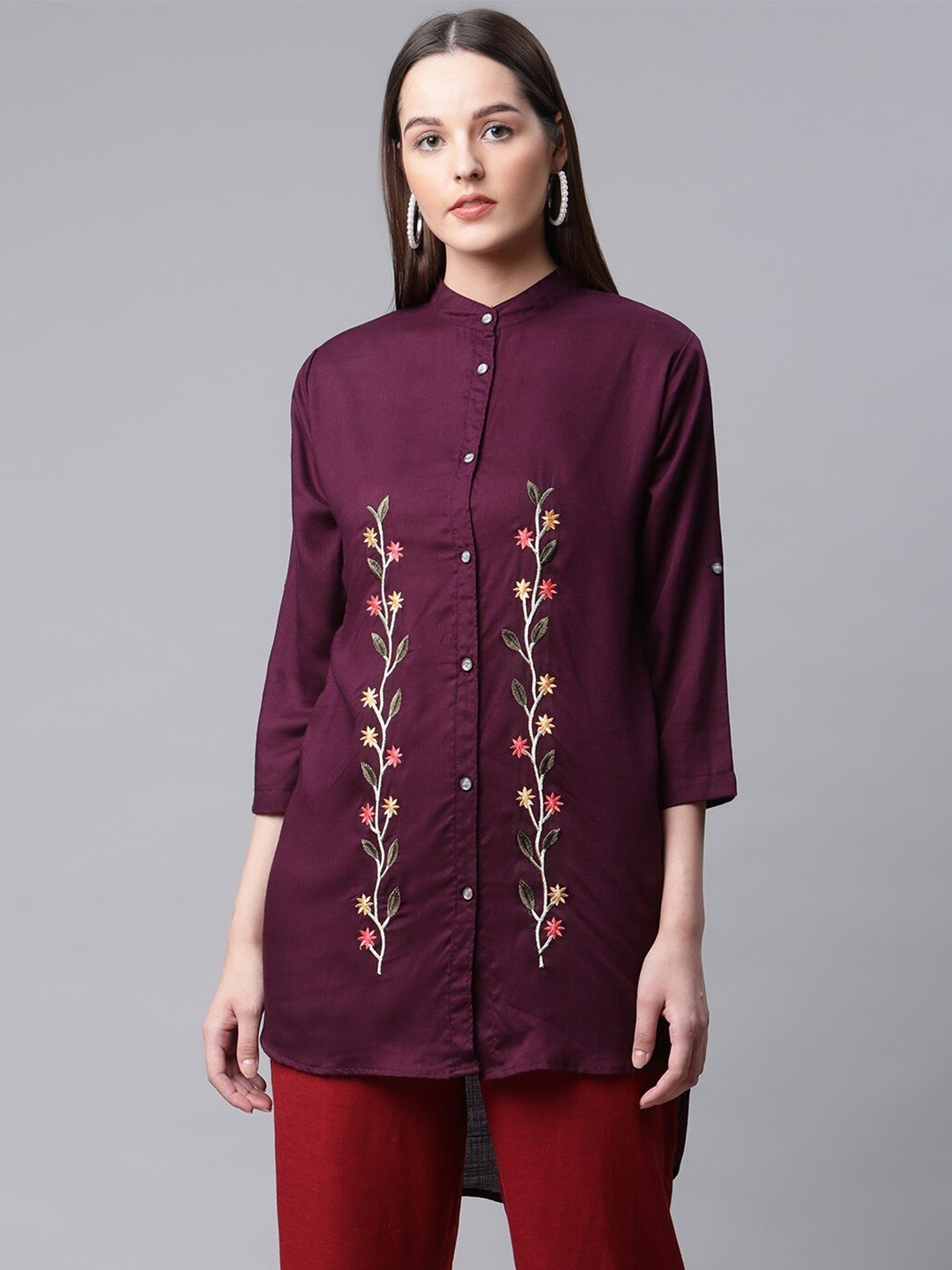 

RIVI Burgundy Embellished Mandarin Collar Bohemian High-Low Longline Top