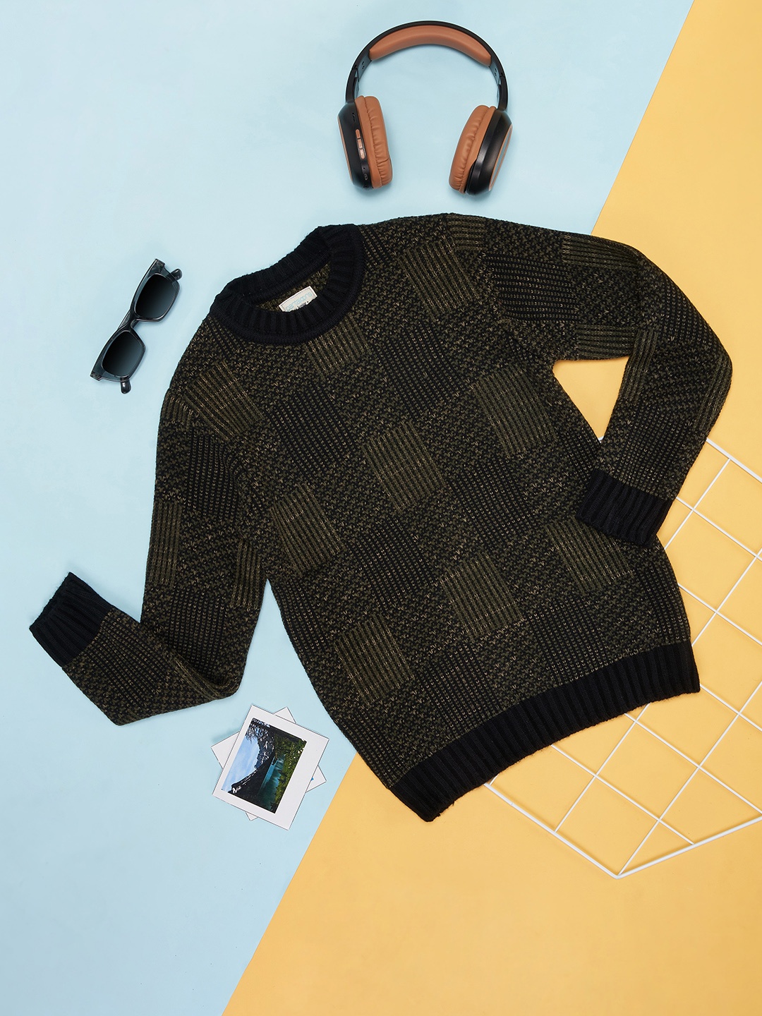 

Pantaloons Junior Boys Olive Green & Black Checked Pullover