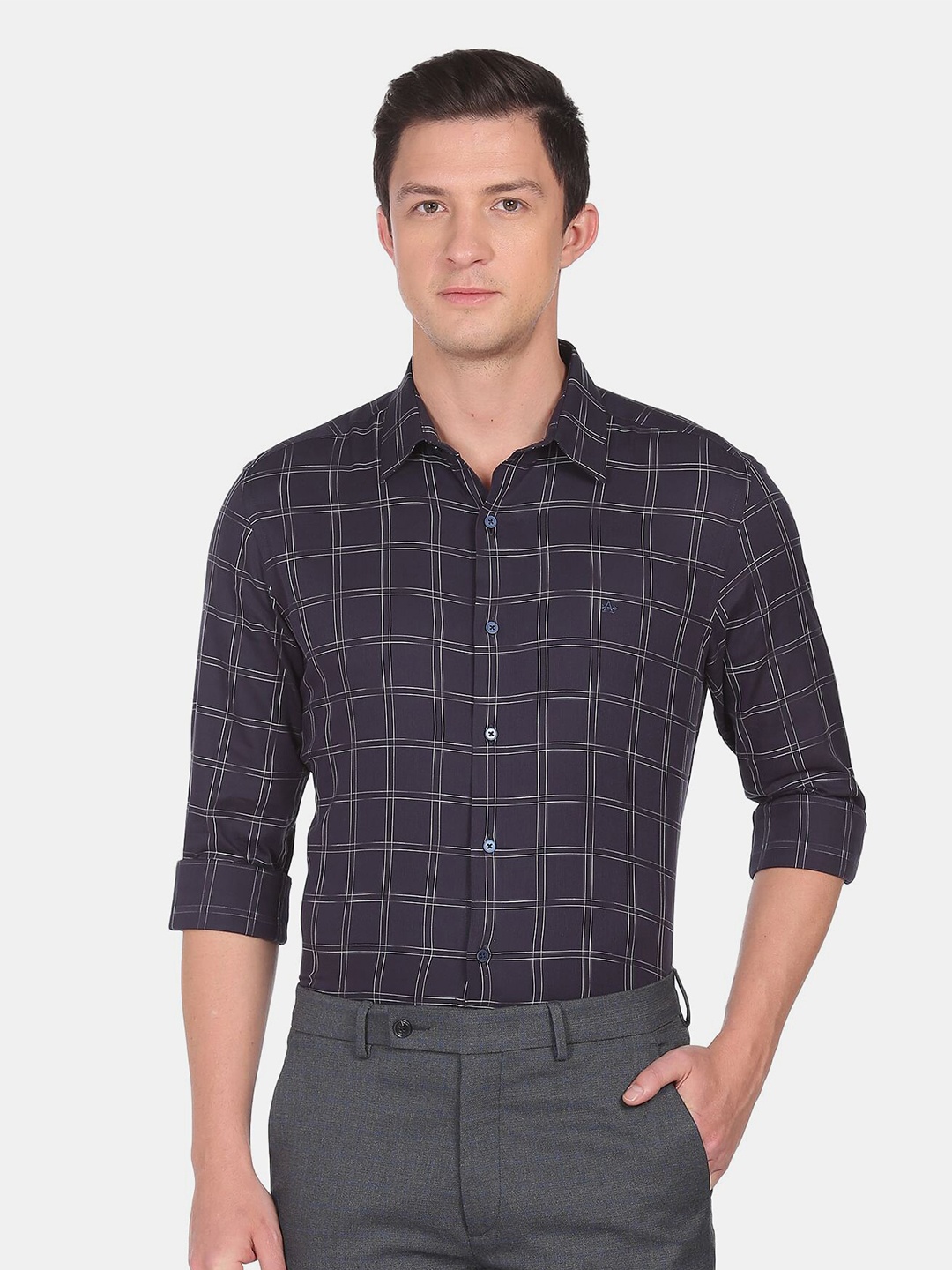 

Arrow Men Slim Fit Windowpane Checked Formal Shirt, Navy blue