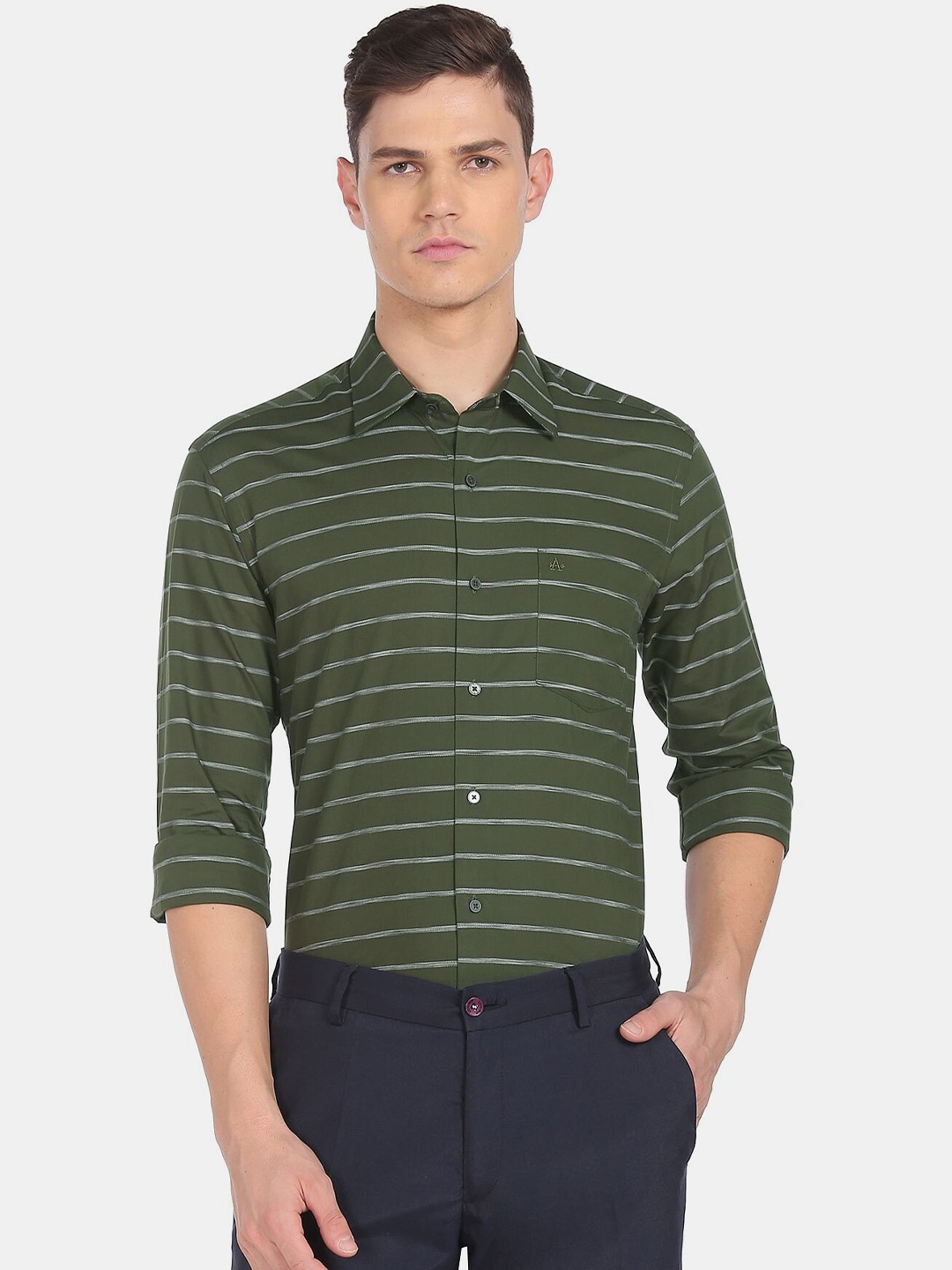 

Arrow Men Slim Fit Horizontal Striped Pure Cotton Formal Shirt, Green