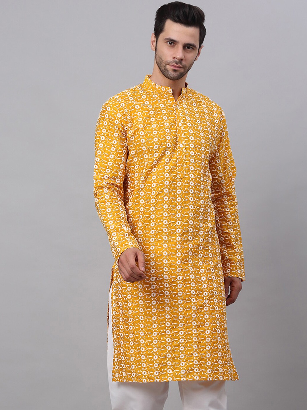 

Jompers Men Mustard Yellow Floral Embroidered Mirror Work Kurta