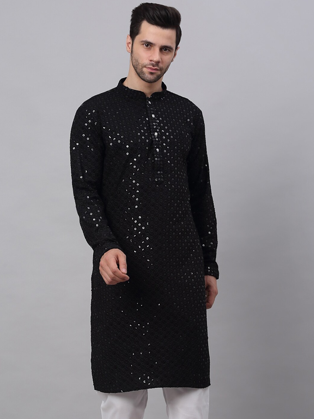 

Jompers Men Black Floral Embroidered Sequined Cotton Kurta